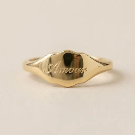 Wavy Custom Script Signet Ring, Personalized Name Ring, Wavy Face Gold Ring, Min