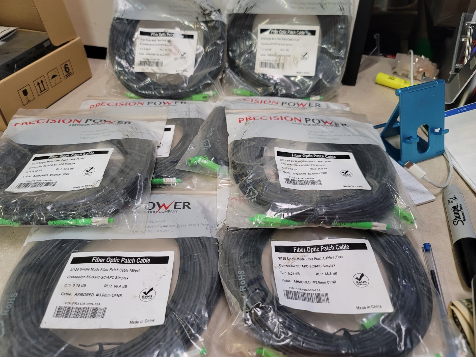 Lot of 9 Precision Power Fiber Optic Patch Cable 9/125 75 feet armored