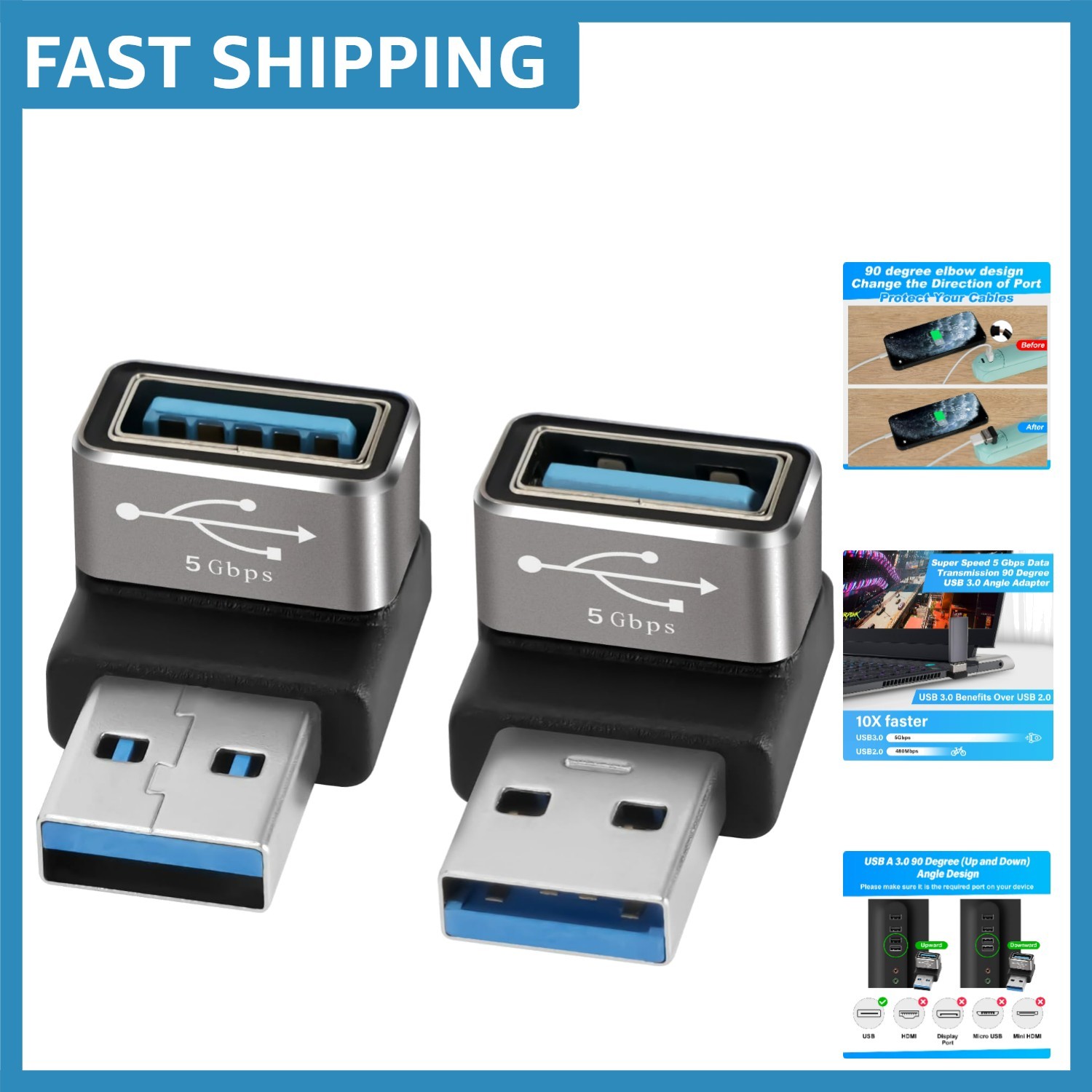 USB 3.0 OTG Adapter 2 Pack - Compact Right Angle Design for PCs and Laptops
