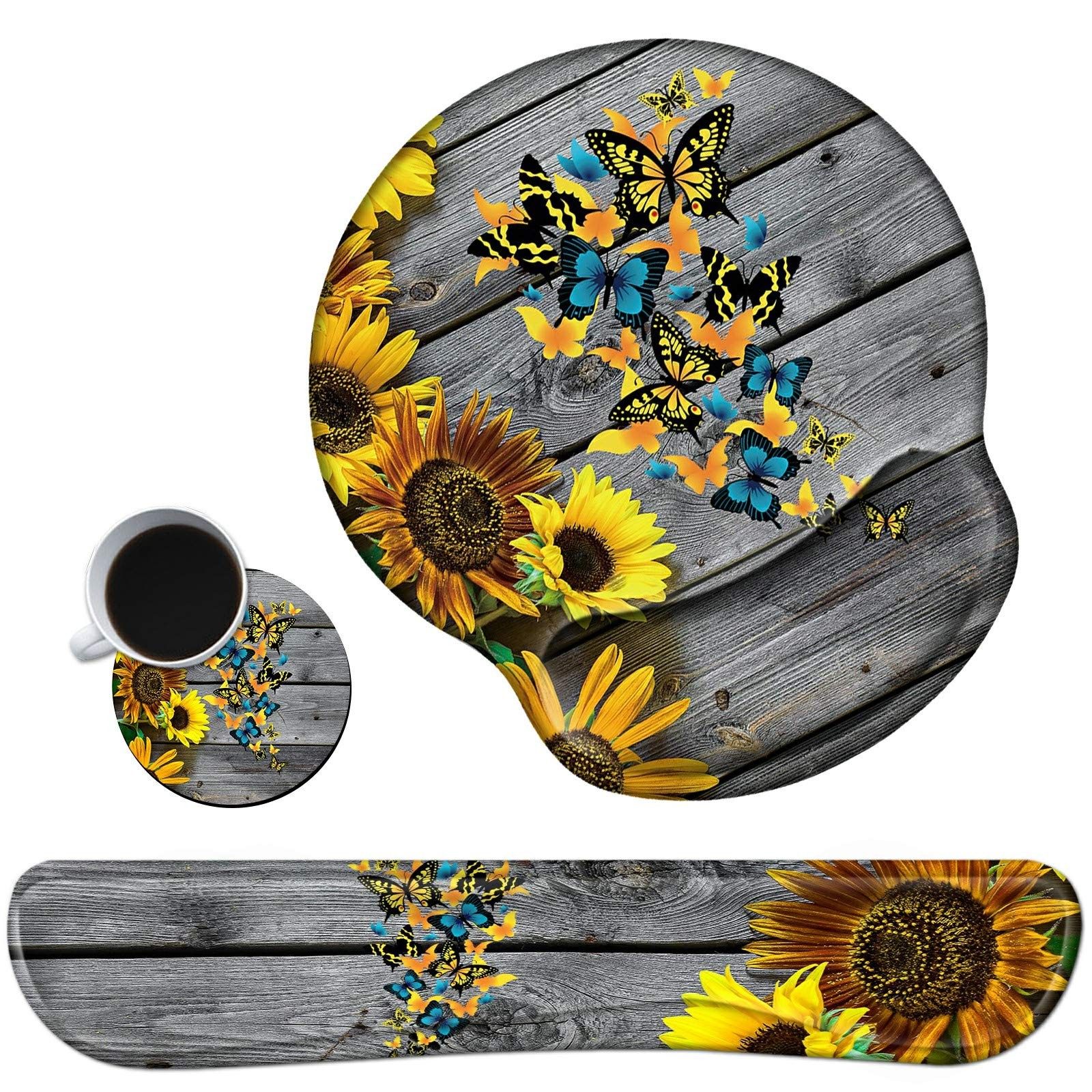 Keyboard Wrist Rest Pad and 3 PCS-Wrist, Yellow Sunflowers Butterflies