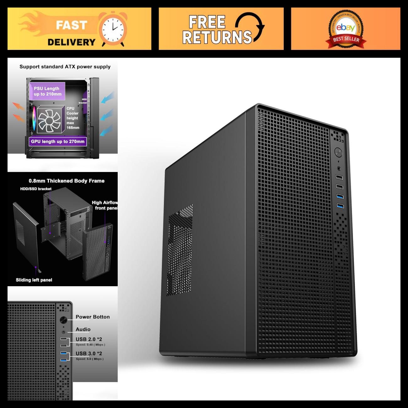 Compact Micro ATX Mini Tower PC Case - 0.8mm SPCC Frame, Supports MATX/ITX