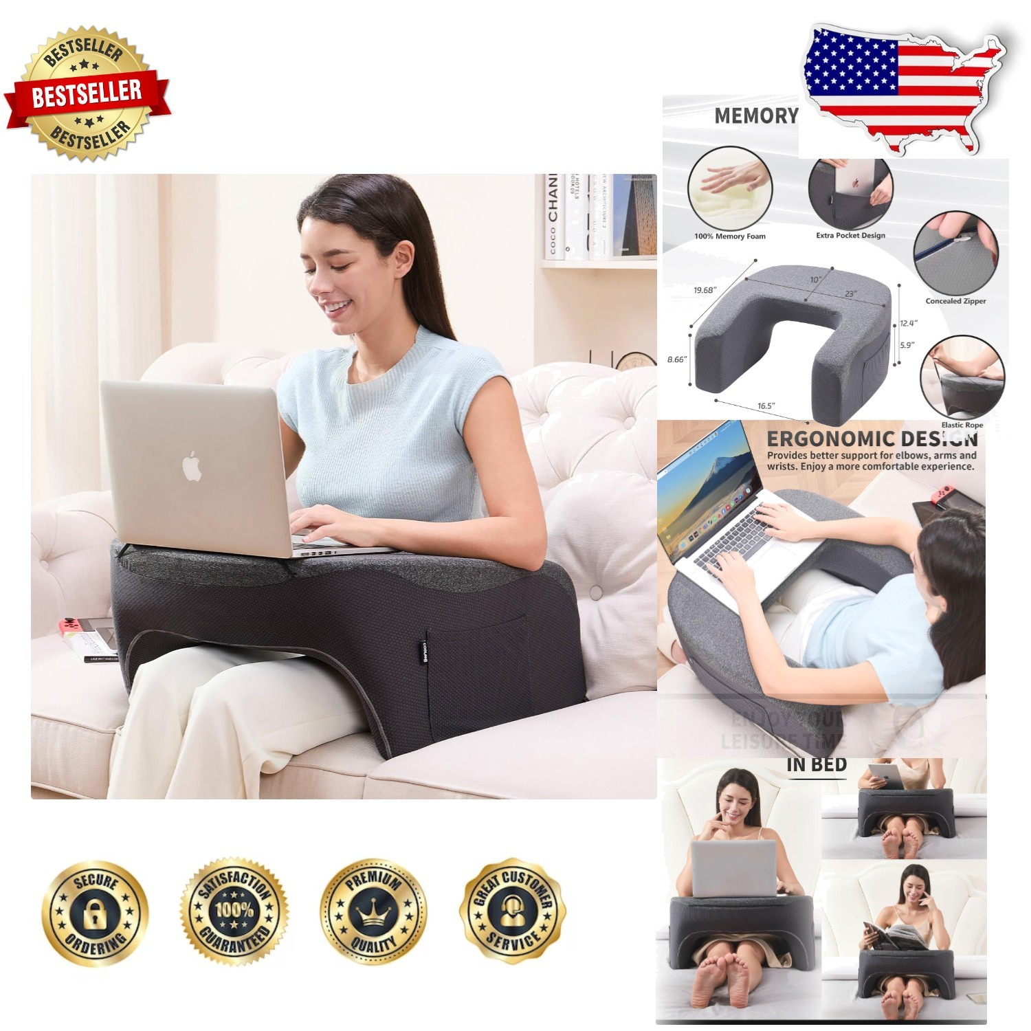 Extra Large Reading Pillow with Arms, Memory Foam Lap Desk, Dark Grey, Side P...