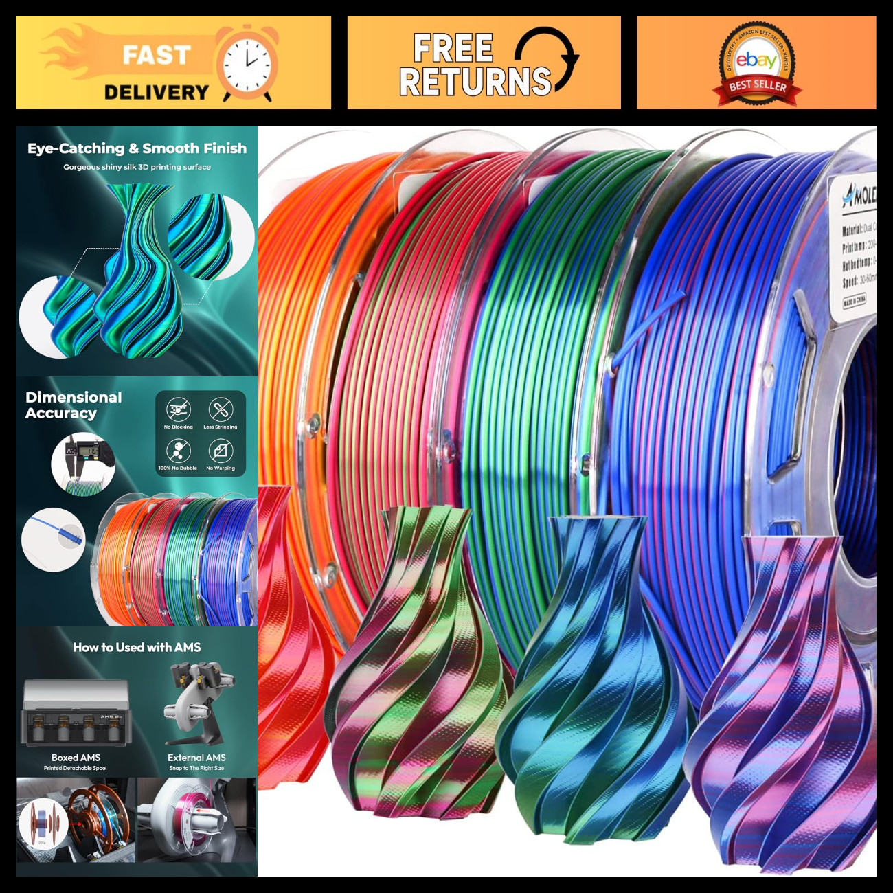 Shiny Dual Color Silk PLA 3D Printer Filament Bundle - 1.75mm Multi-Color Pack,