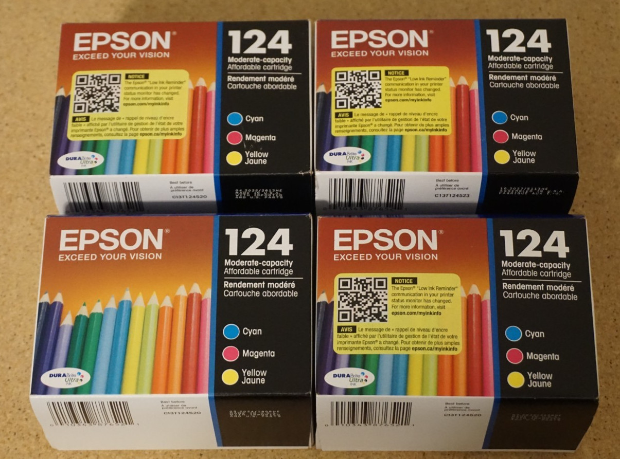 4x Genuine OEM Epson 124 3 Pack Ink Cartridges Cyan Magenta Yellow 2024-2027