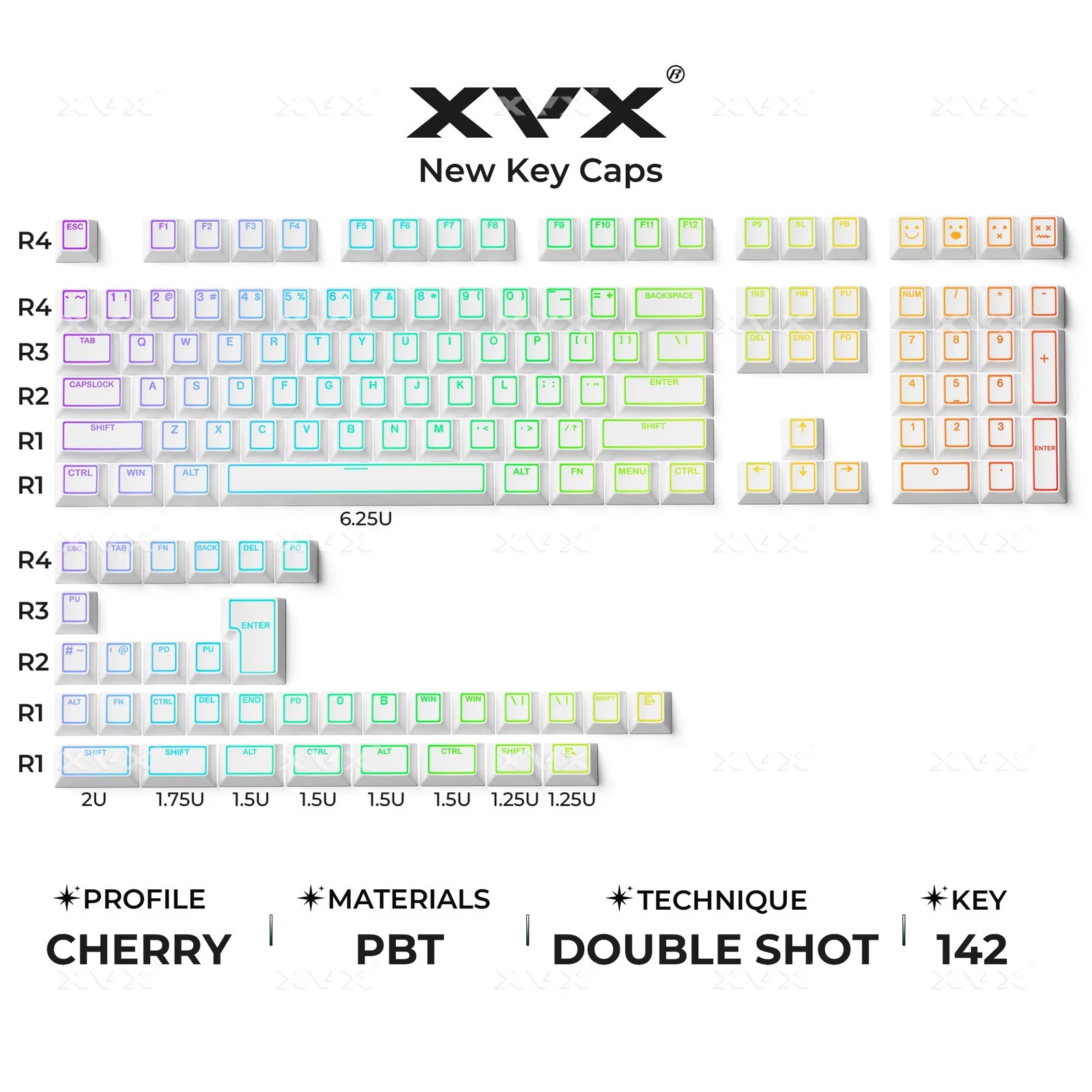 XVX Prism Shine Through PBT Keycap Set 142-Key Cherry Profile White Doubleshot