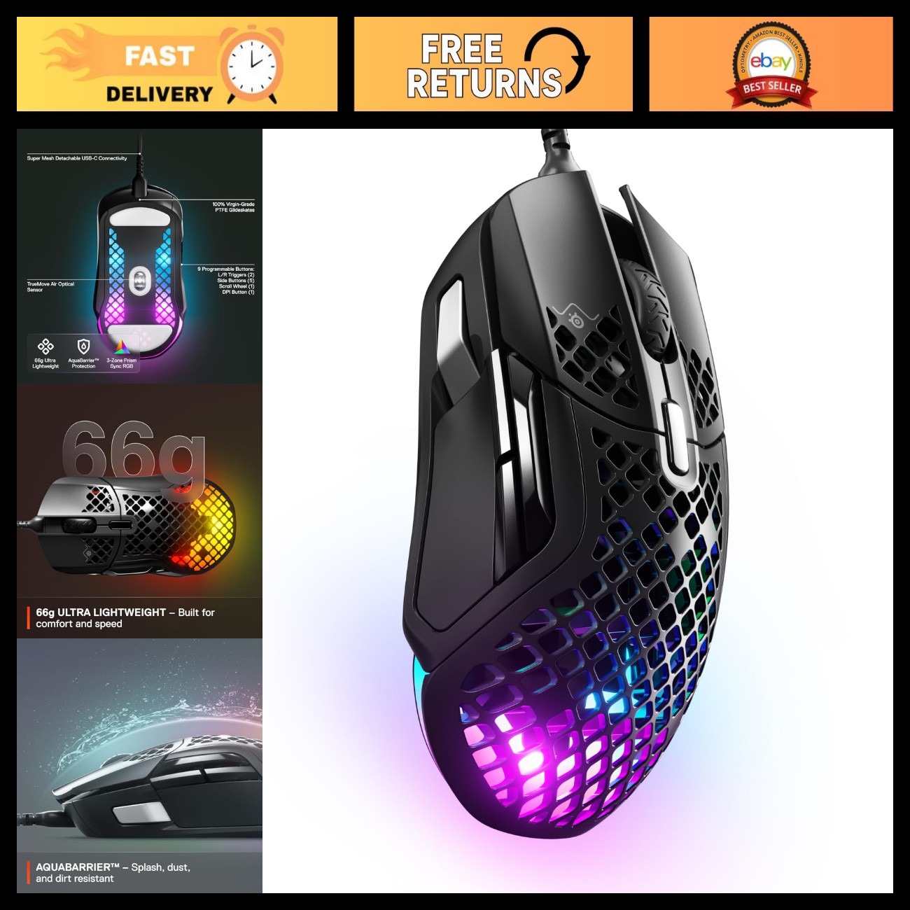 Ultra-Lightweight RGB Gaming Mouse - Water Resistant, 18K DPI Optical Sensor, Ho