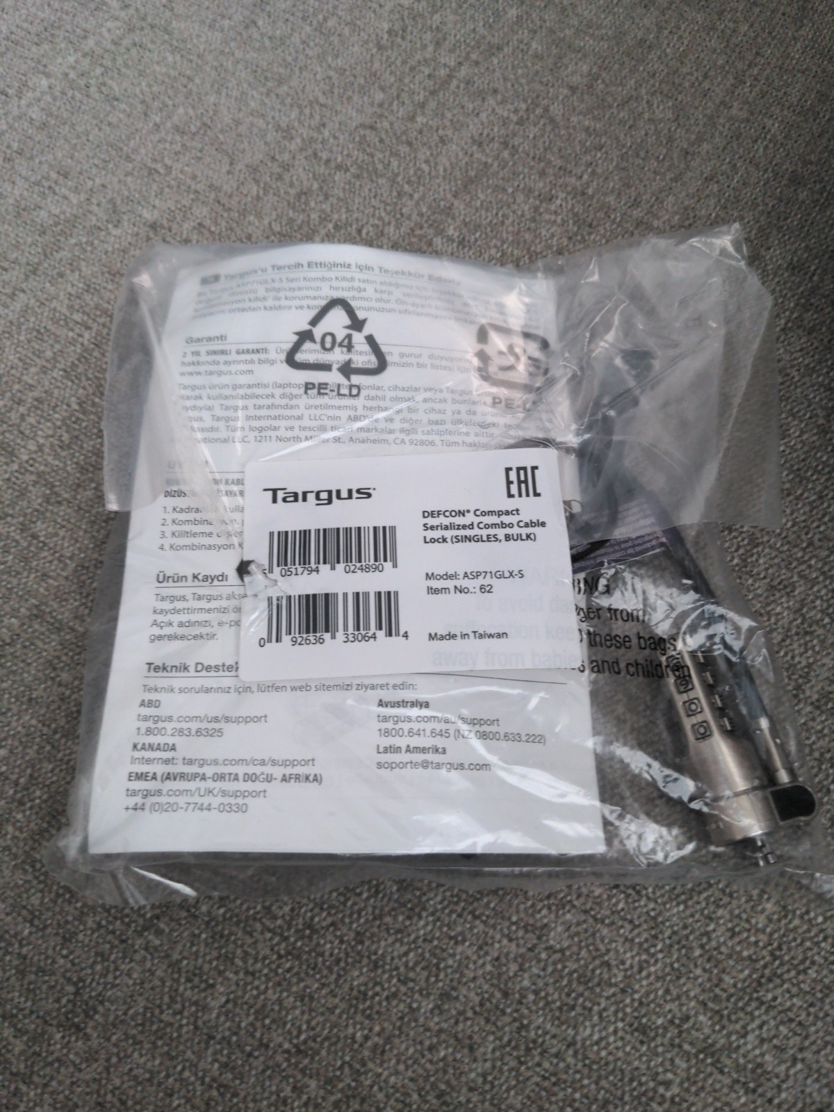 Targus ASP71GLX-S DEFCON Compact Serialized Combo Cable Lock - Black - NEW