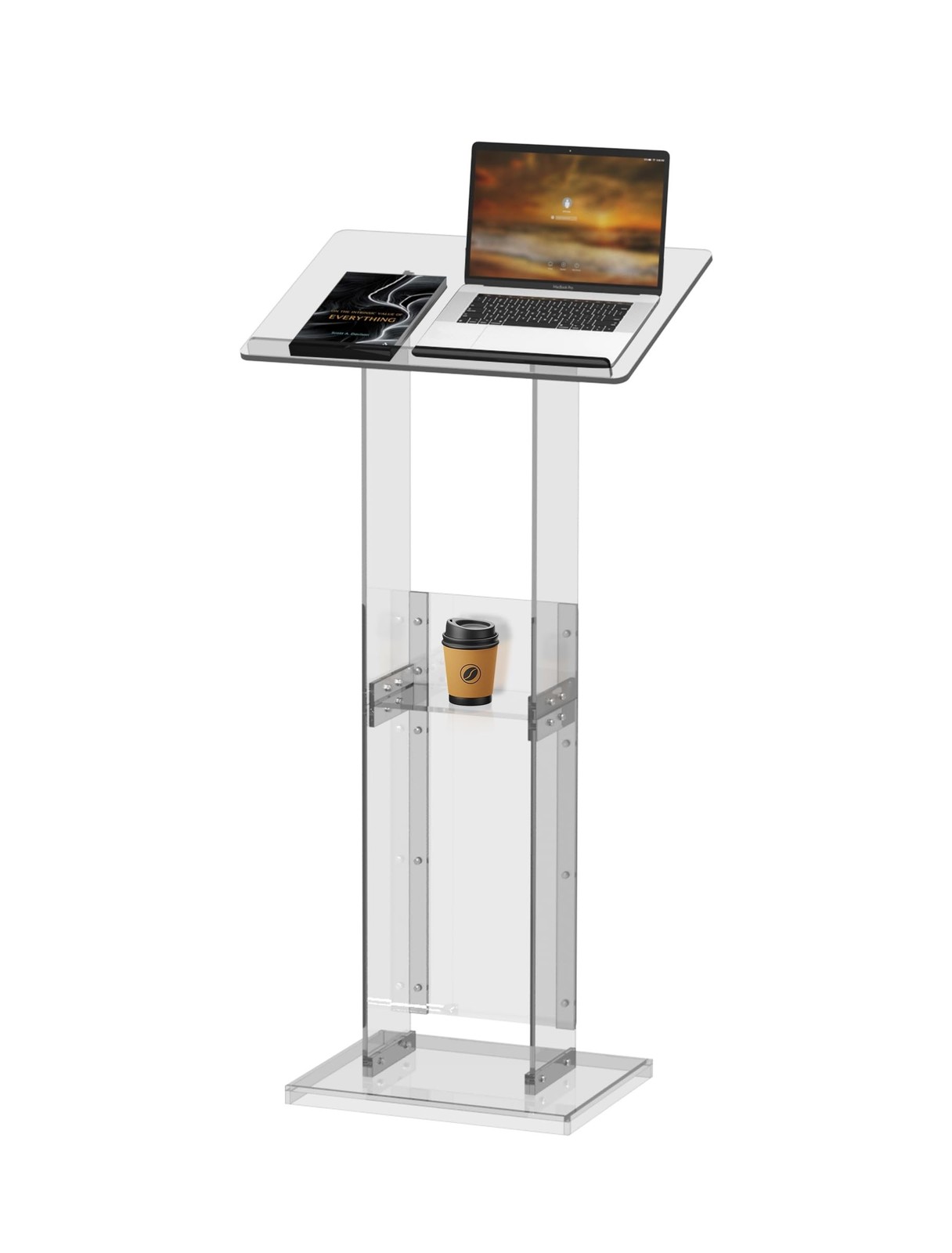 Acrylic Podium Stand with Storage Shelf, 45.5" Modern Clear Lectern with Read...