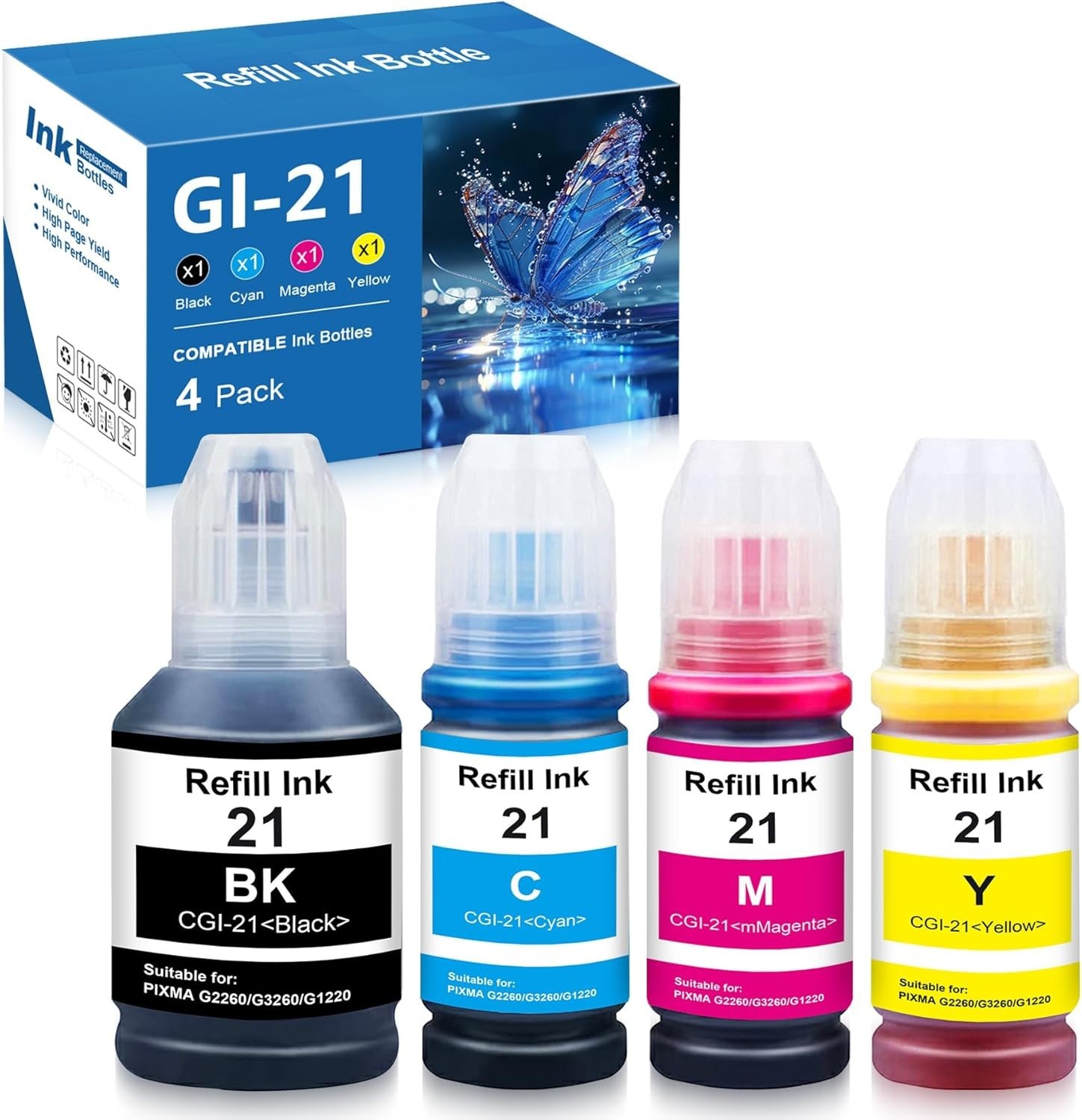 4 Pack GI-21 Ink Refill Bottle for use Canon PIXMA Megatank G1220 G2260 G3260