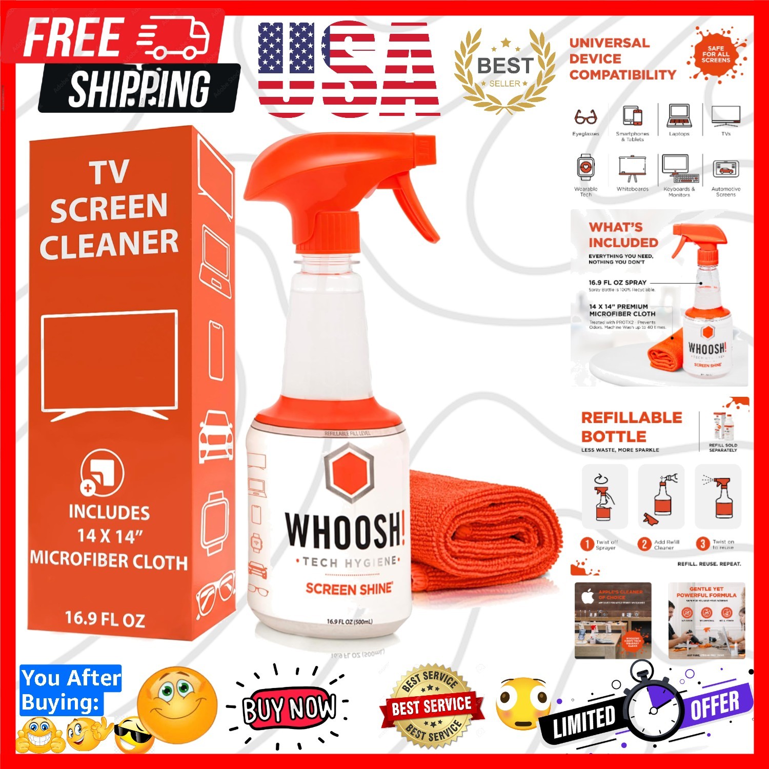 Screen Shine Pro – Refillable TV Screen Cleaner & Cloth, 16.9 fl oz