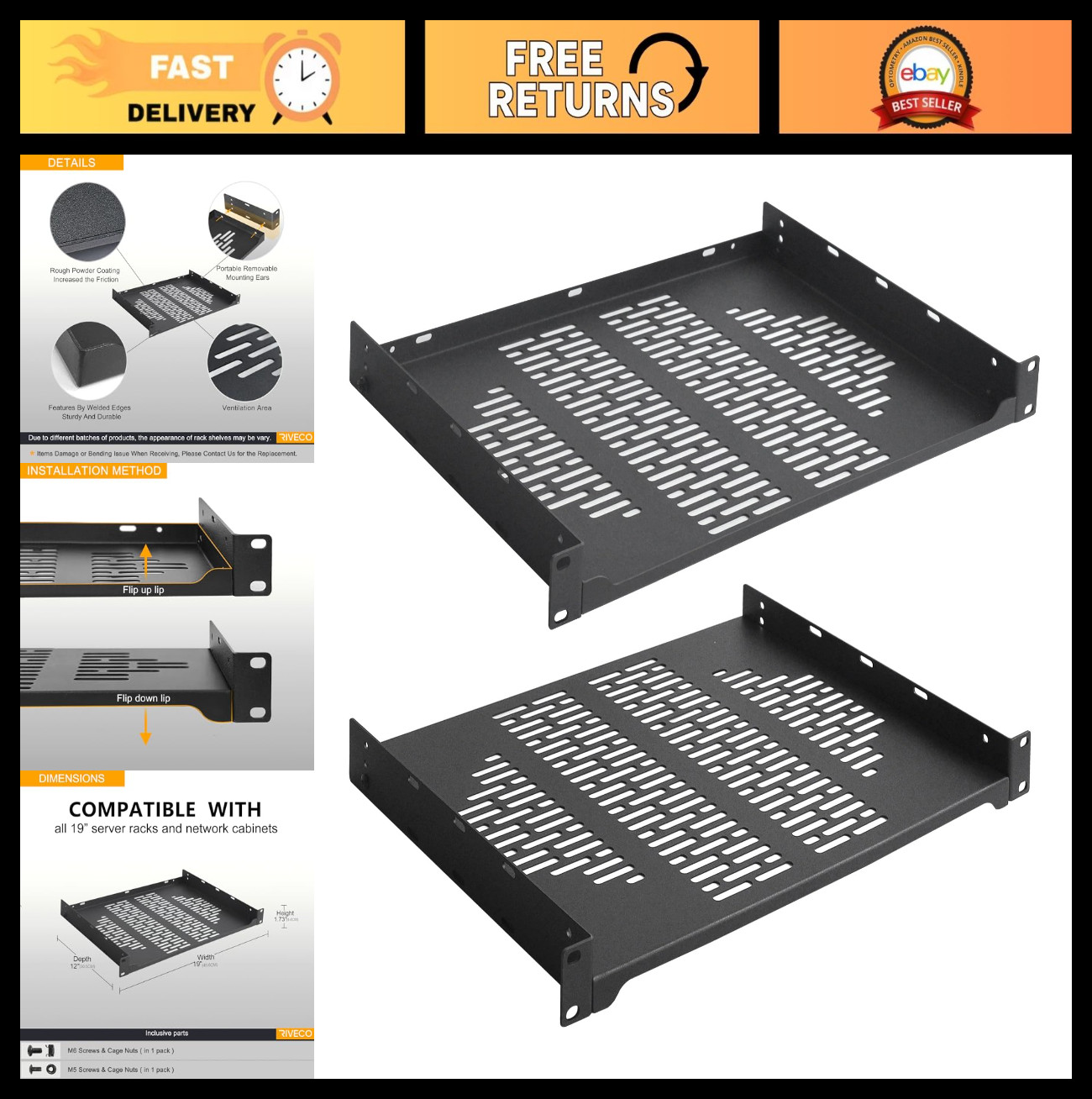 2 PCS 12” Vented Rack Shelves for 19" Network Racks & Cabinets, 1U Mount Tray