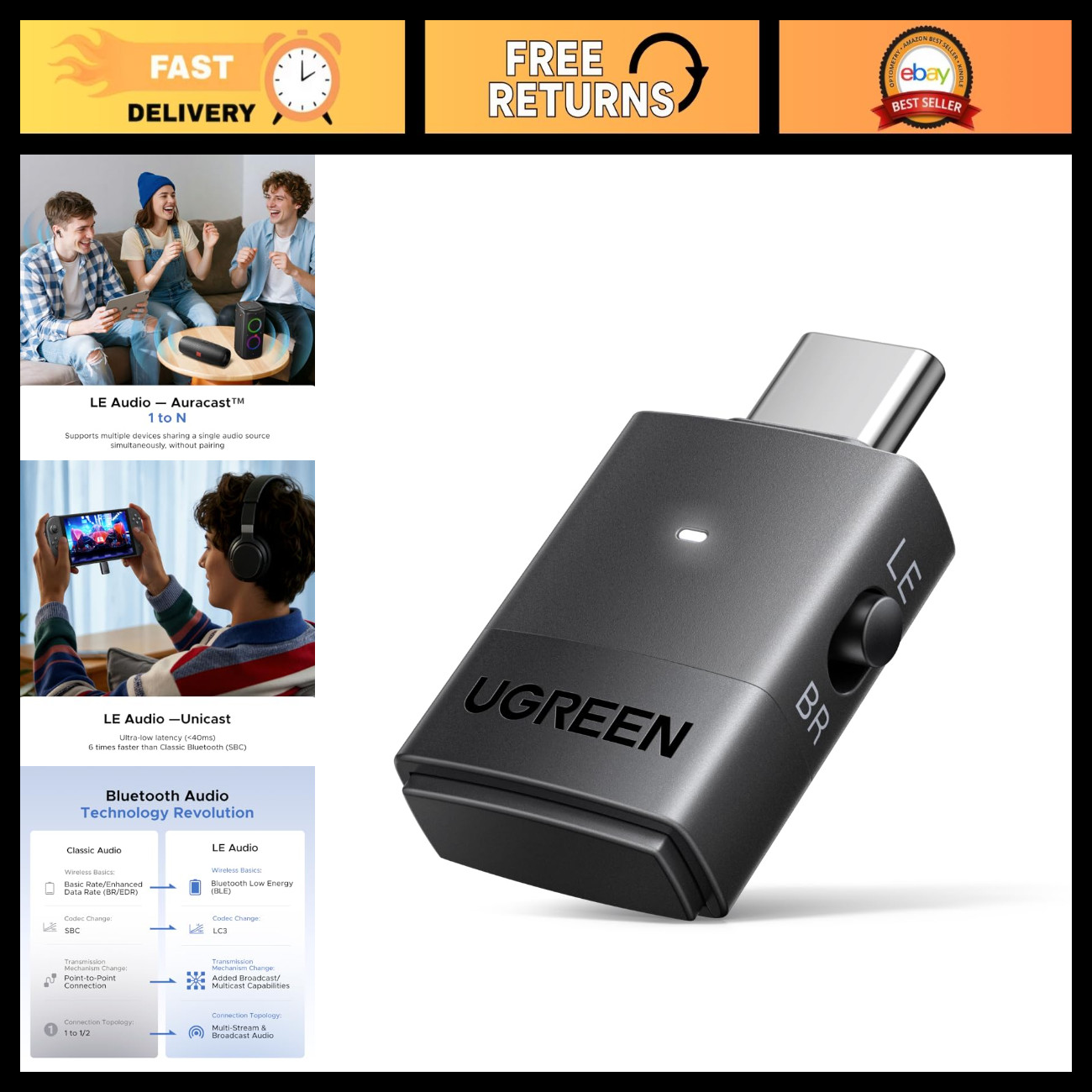 USB-C Bluetooth Adapter for PS5/PC, LE Audio, aptX Adaptive, Low Latency Audio