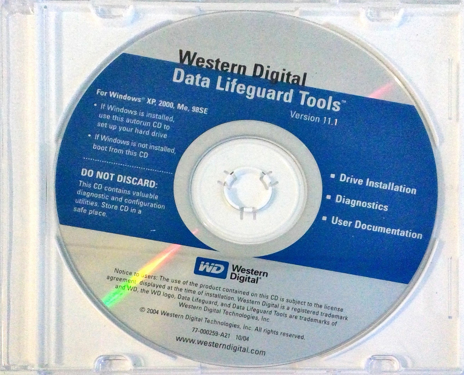Vintage Western Digital Data Lifeguard Tools Version 11.1 Installation CD (2004)