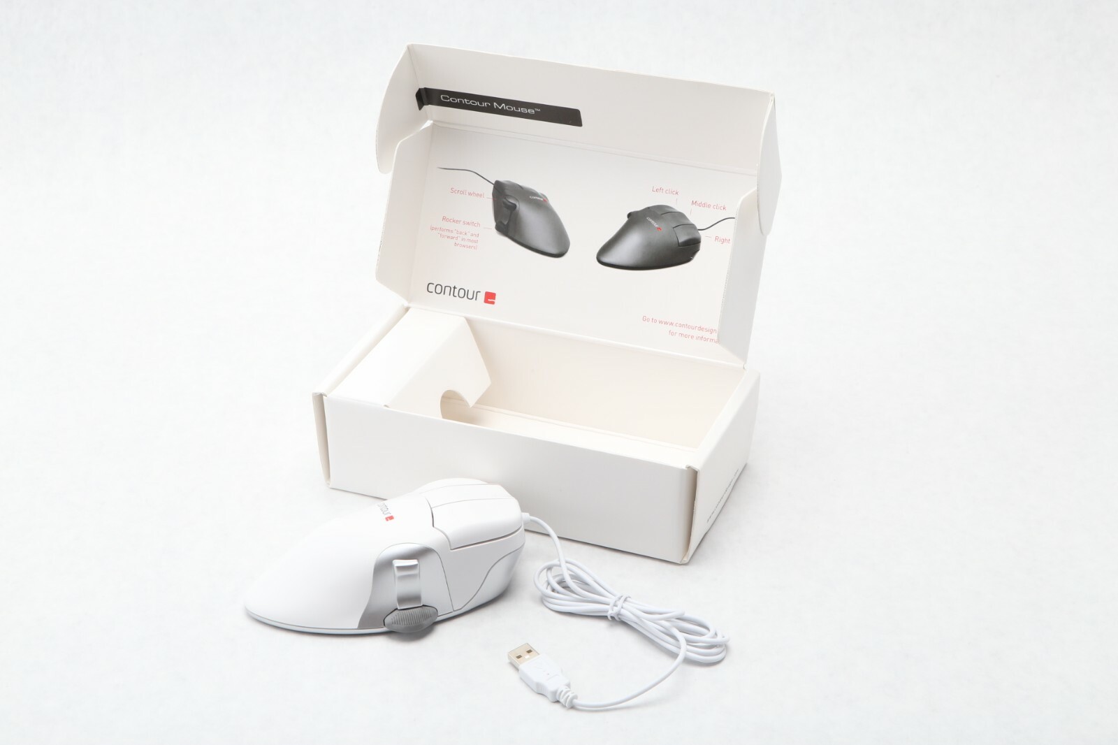 New Contour Design WHITE Perfit Mouse NonScroll Ergonomic USB PMO5-L-L Lg Left