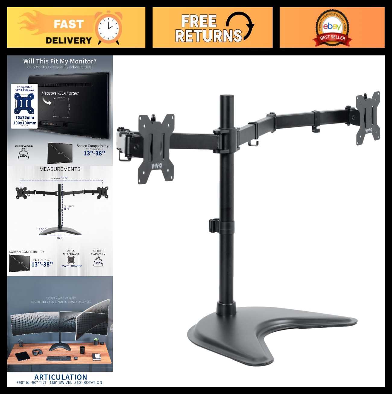 Dual LED LCD Monitor Stand - Free-Standing Adjustable Height Desk Mount, Ergonom