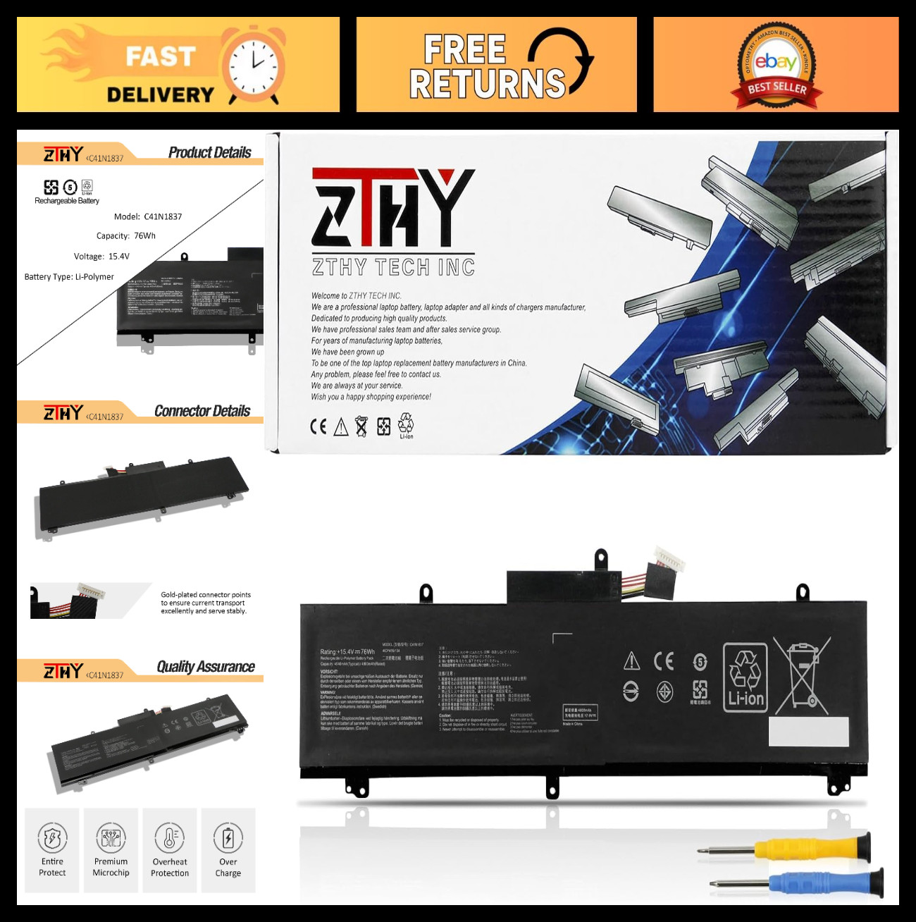 76Wh Laptop Battery Replacement for Asus ROG Zephyrus GA502 GU502 - High Capacit