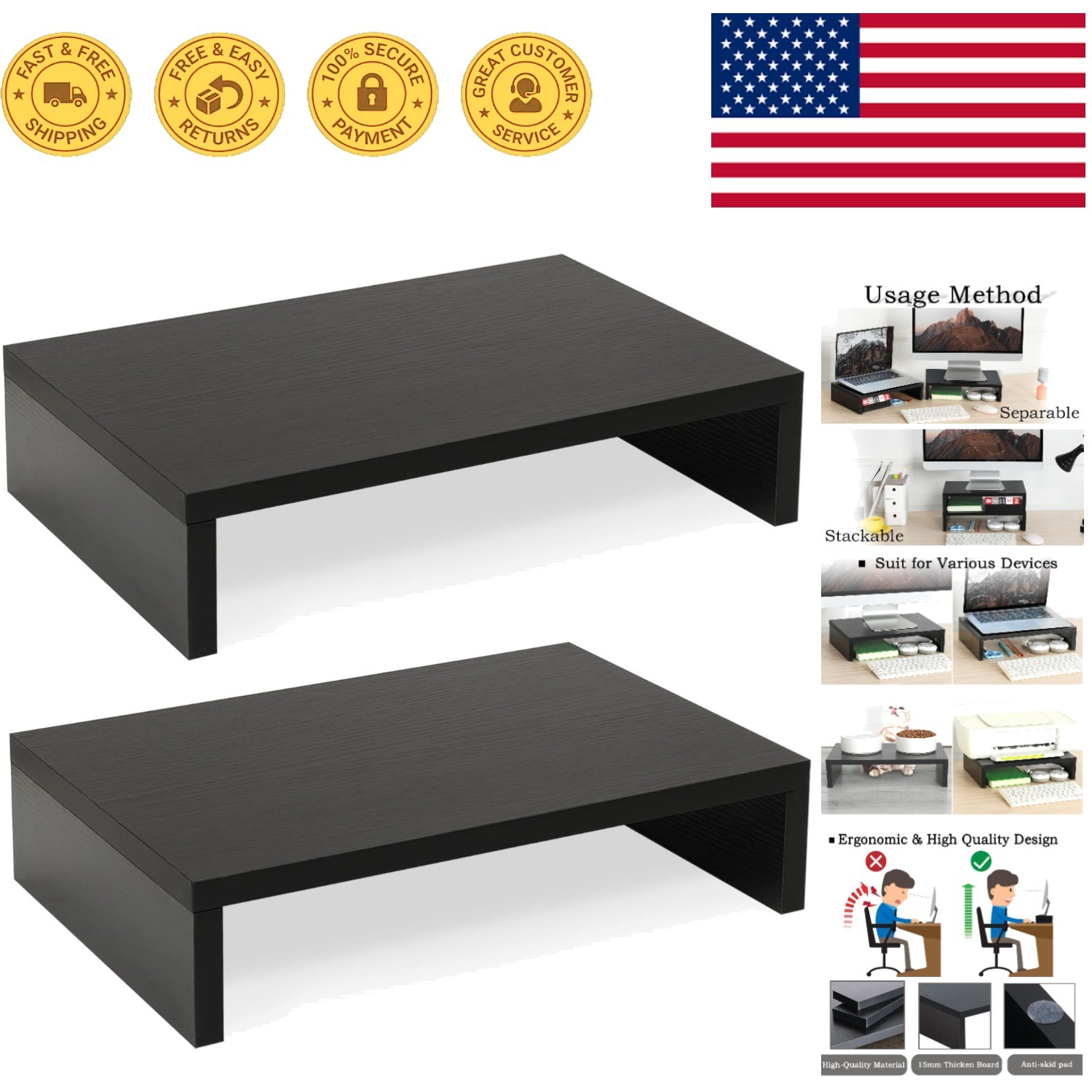 Elegant 2-Pack Adjustable Monitor Stand Riser for Dual Monitors - Black