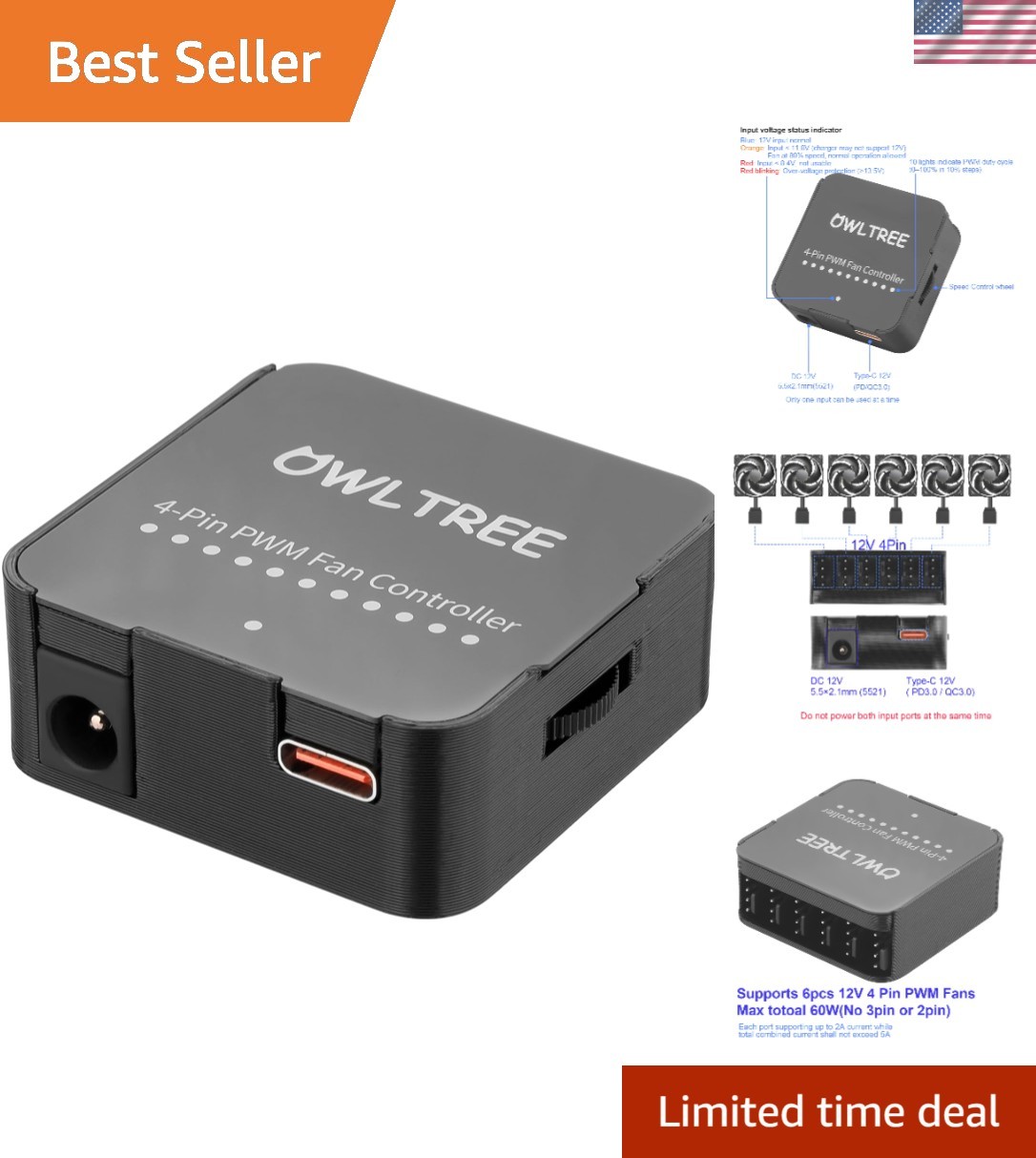Compact 12V Fan Speed Controller for Up to 6 Fans - Adjustable PWM Duty Cycle