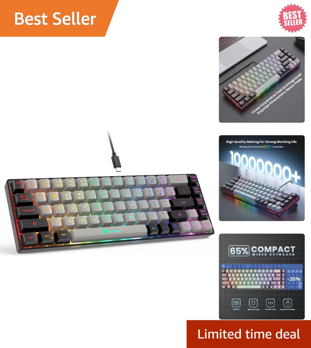 RGB LED Backlit 65% Mini Keyboard for Gamers - Durable Wired Connection, 68 Keys