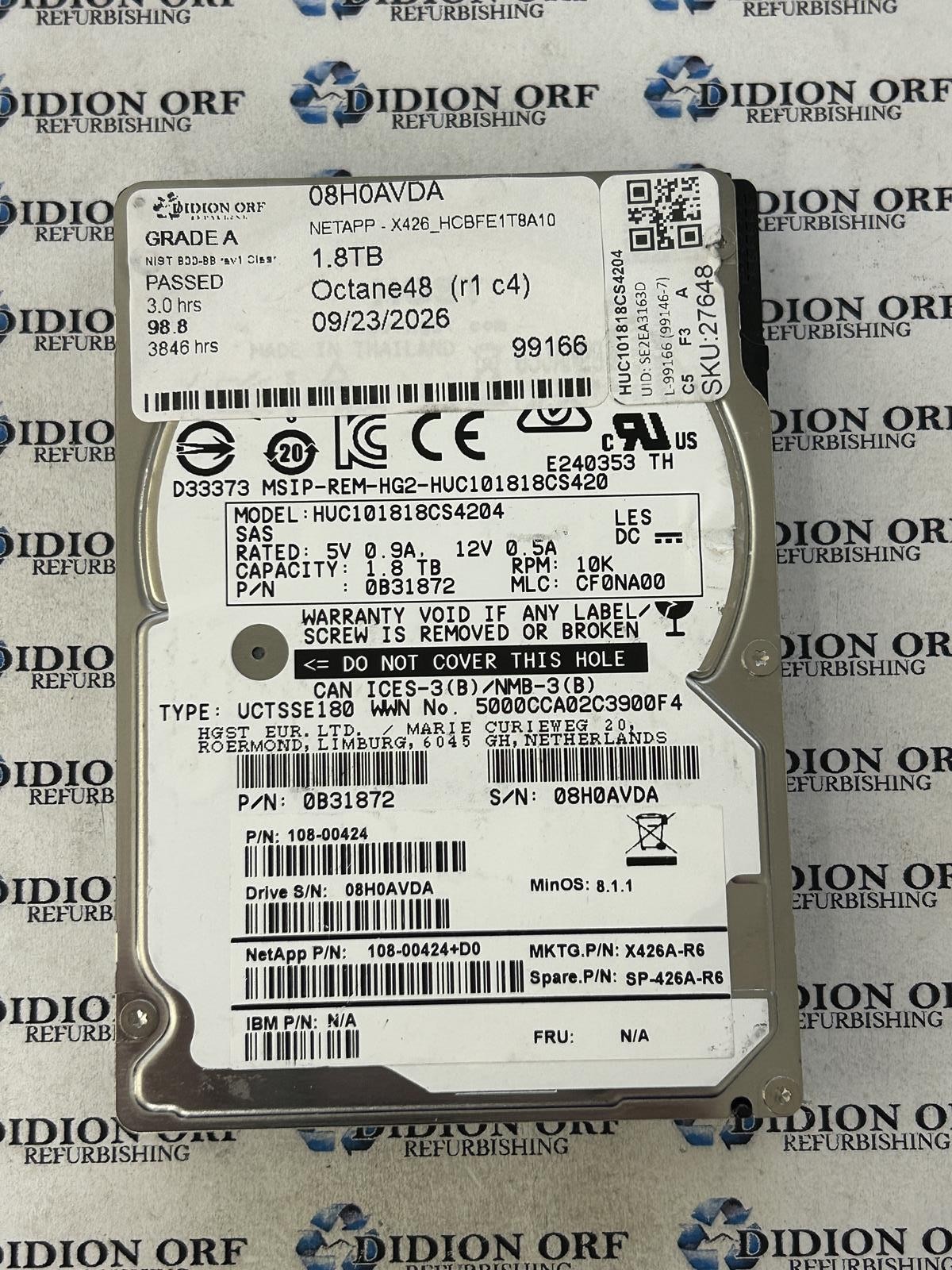 HGST 1.8TB 2.5" SAS Server HDD 10520 RPM HUC101818CS4204, GRADE A, SKU 27648