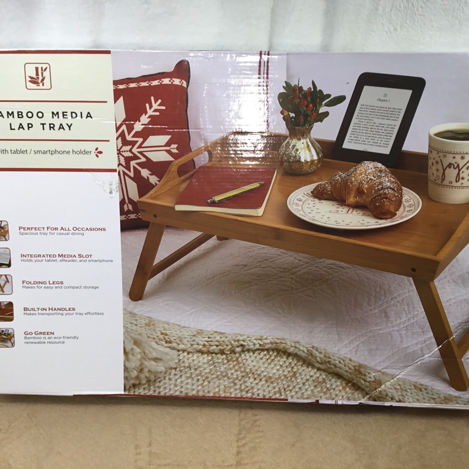 Bamboo Media Lap Tray W/ Tablet and Smart Phone Holder Handles + Folding Legs