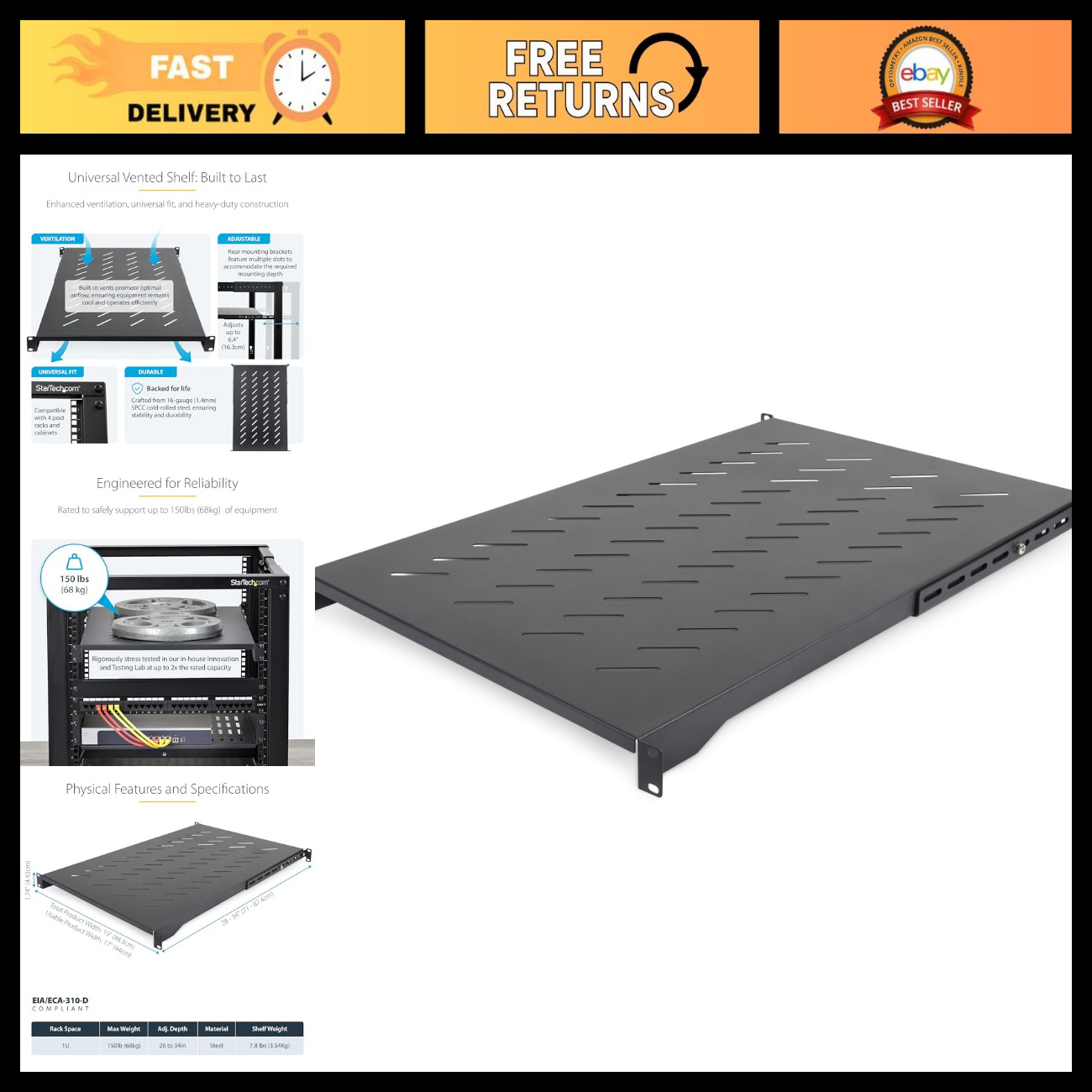 Adjustable 1U 4-Post Vented Rack Shelf, 28-34.4in, 150lb Capacity, Heavy Duty