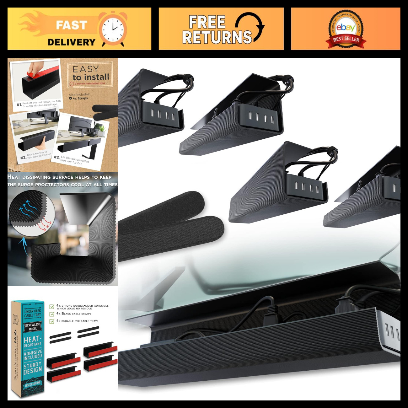 Under Desk Cable Management Tray - No-Screw, 17-Inch, 4-Pack, Black Organizer