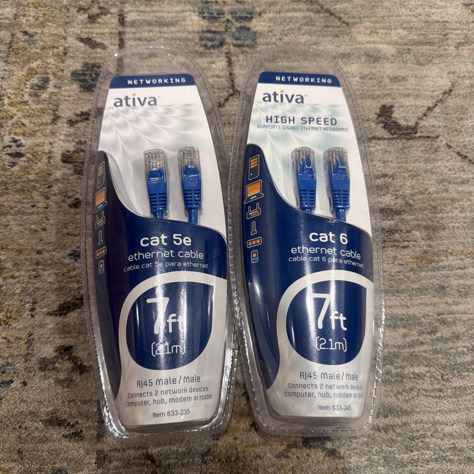 (2) Ativa Cat. 5e Utp Patch Cable - 1 X Rj-45 Male 7ft Blue, New Sealed Package