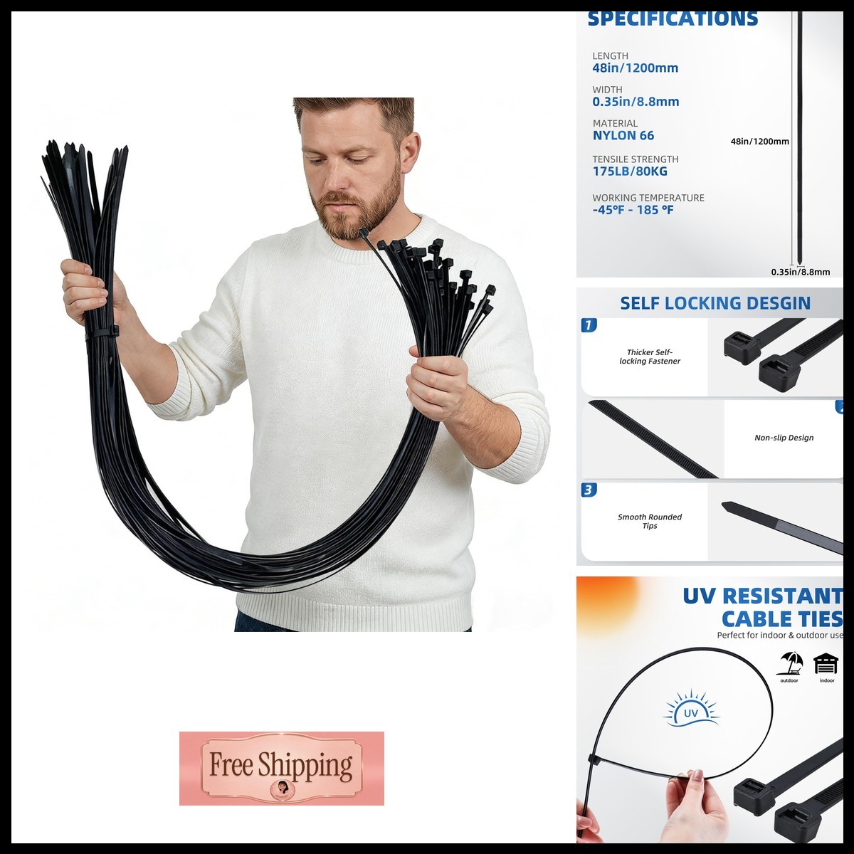 NORJIN 50 Pcs 48 Inch Extra Long Heavy Duty Zip Ties 175 lbs Self Locking UV