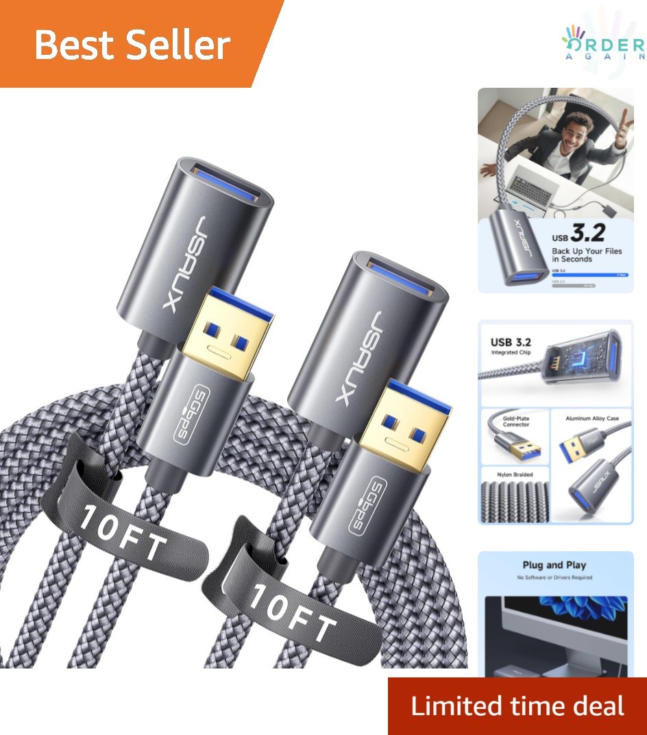 2Pack 10FT USB 3.0 Extension Cord Nylon Braided for Webcam Phone Hard Drive