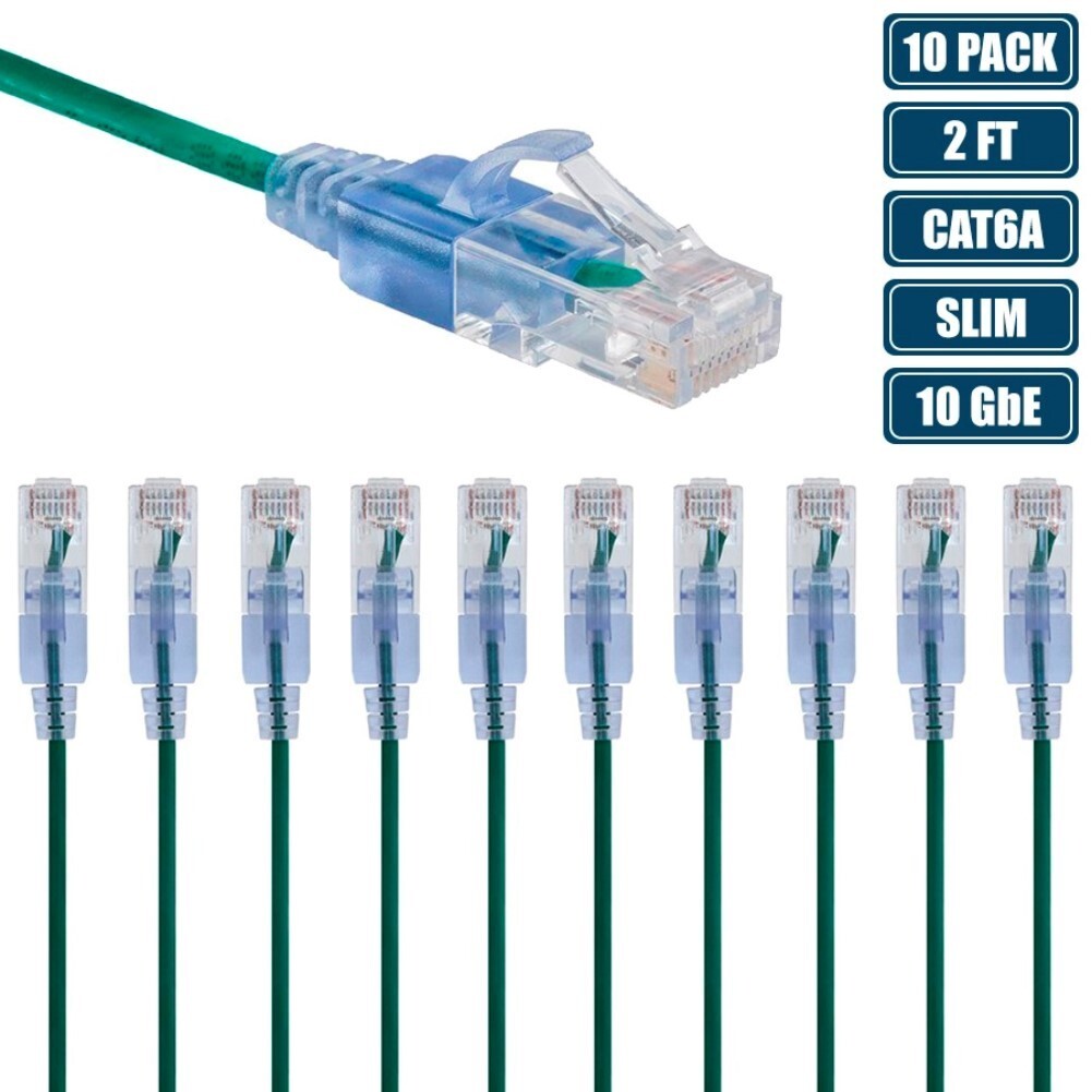 10 Pcs 2FT Slim CAT6A RJ45 Ethernet LAN Network UTP Patch Cable Cord 30AWG Green