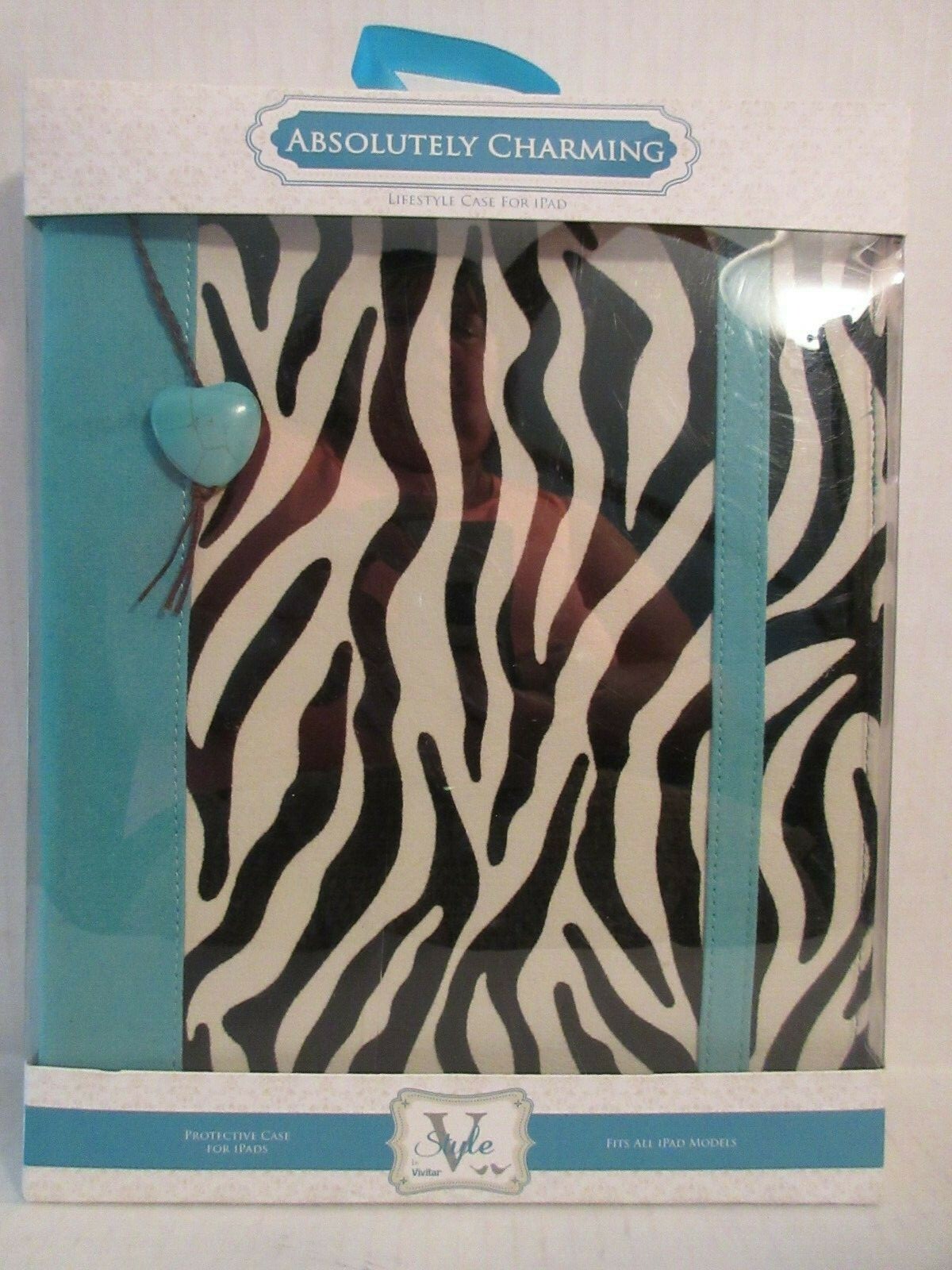 Vivitar Portfolio Case for iPad & Tablet Zebra Print Turquoise w Heart Charm