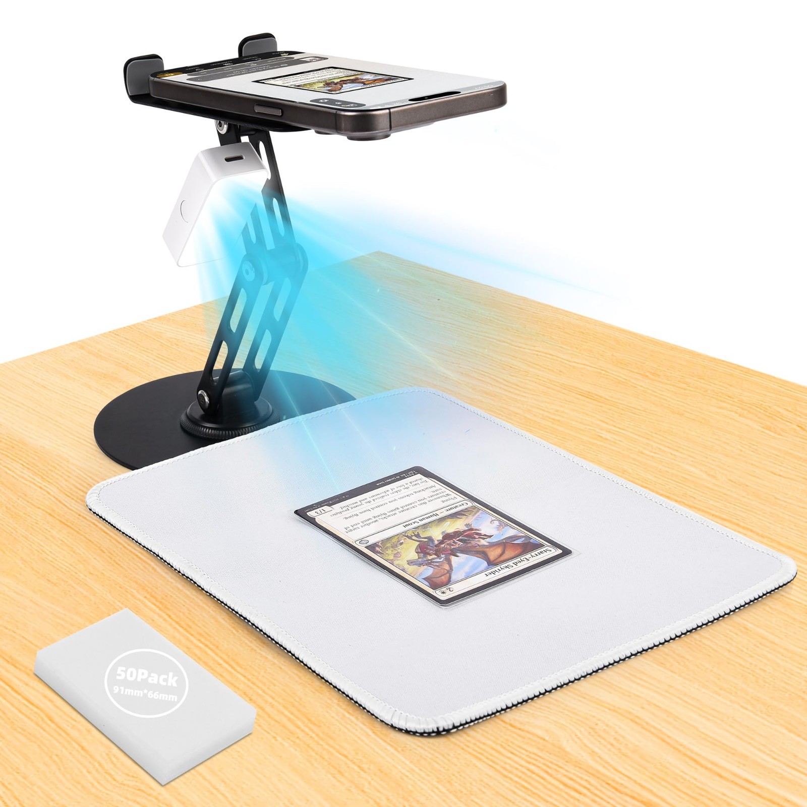 Trading Card Scanner Stand with Magnetic LED Light & Foldable Phone Holder - Qui