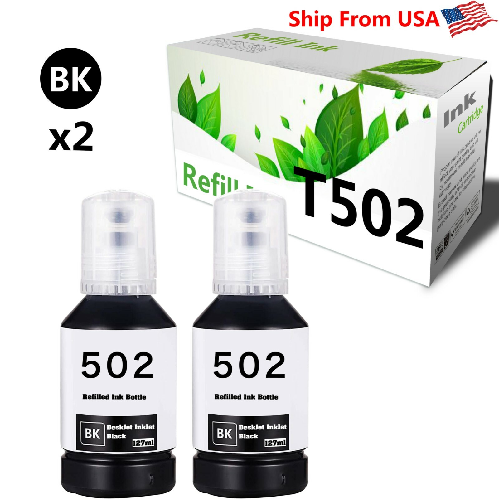 2Pack T502 502 Ink Bottle for WorkForce ST-2000 3000 4000 EcoTank Printer (2BK)
