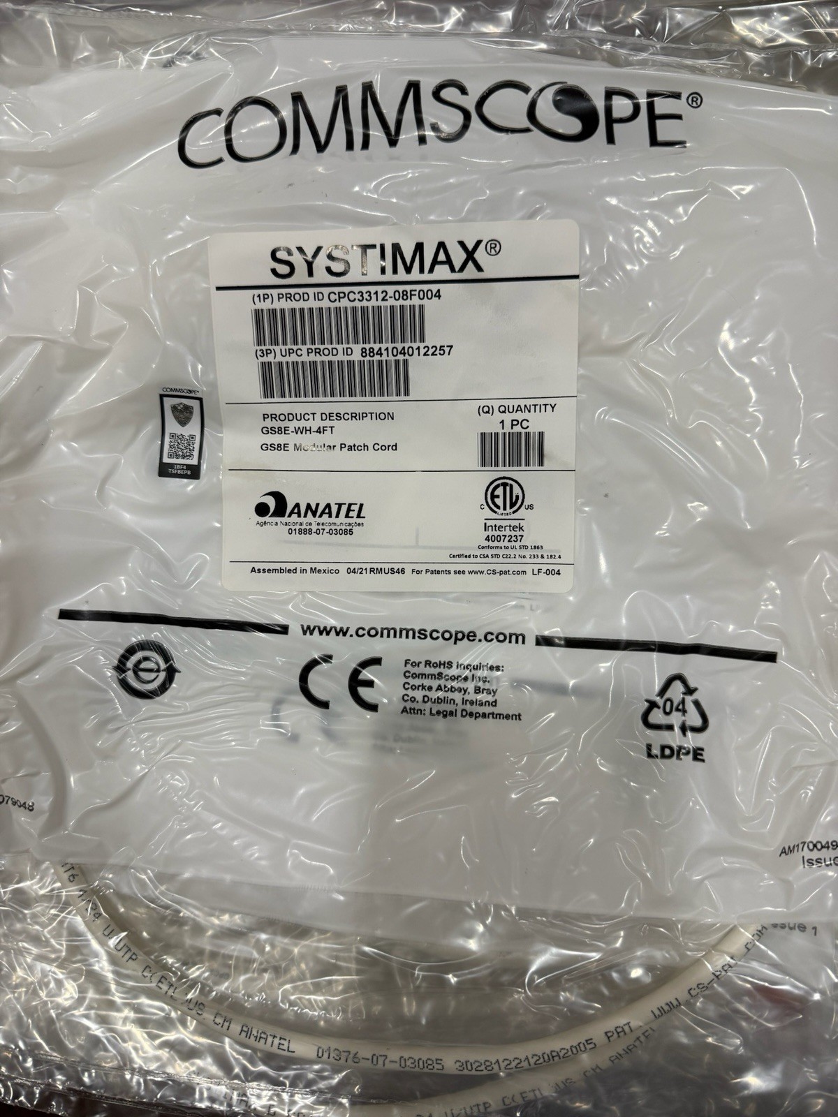 CommScope SYSTIMAX GS8E-WH-4FT 4ft White Patch Cable LOT OF 3 New