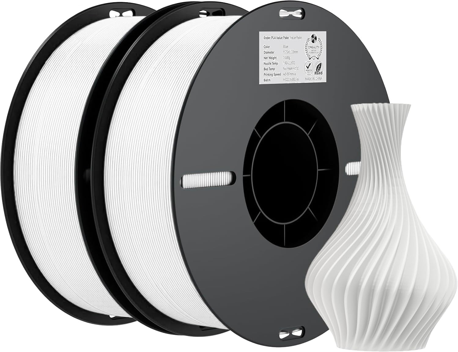 PLA Filament 1.75mm 2KG Bundle 2 Pack 1KG Spools White for FDM Printers