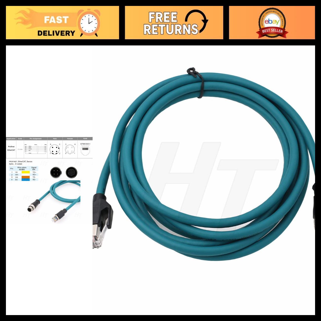 Industrial M12 4 Pin D-Code RJ45 Ethernet Power Cable, Waterproof Shielded 5m