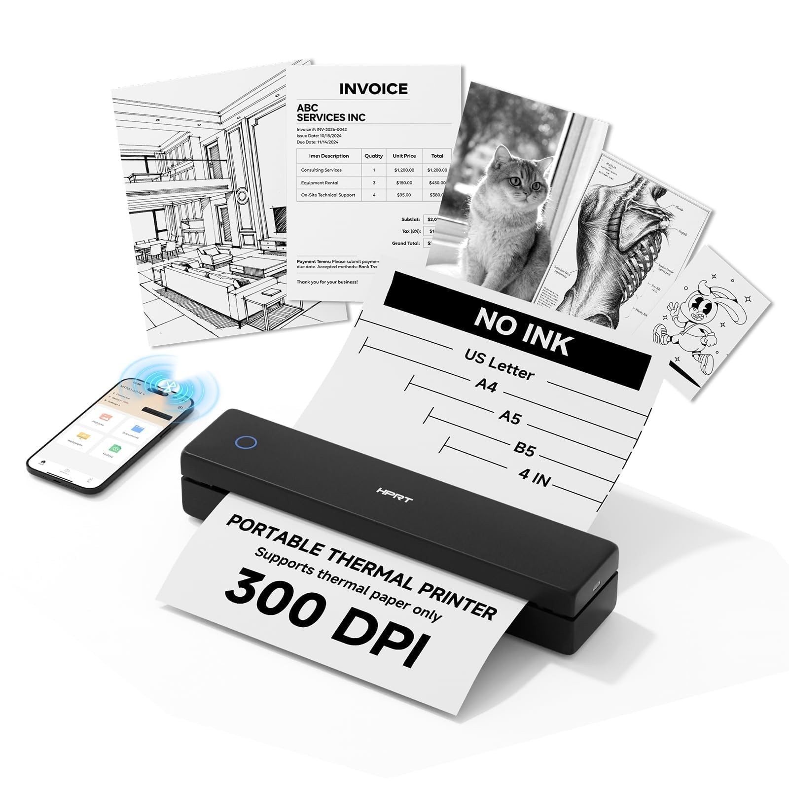 HPRT MT610 Pro Inkless Portable Thermal Printer, Black