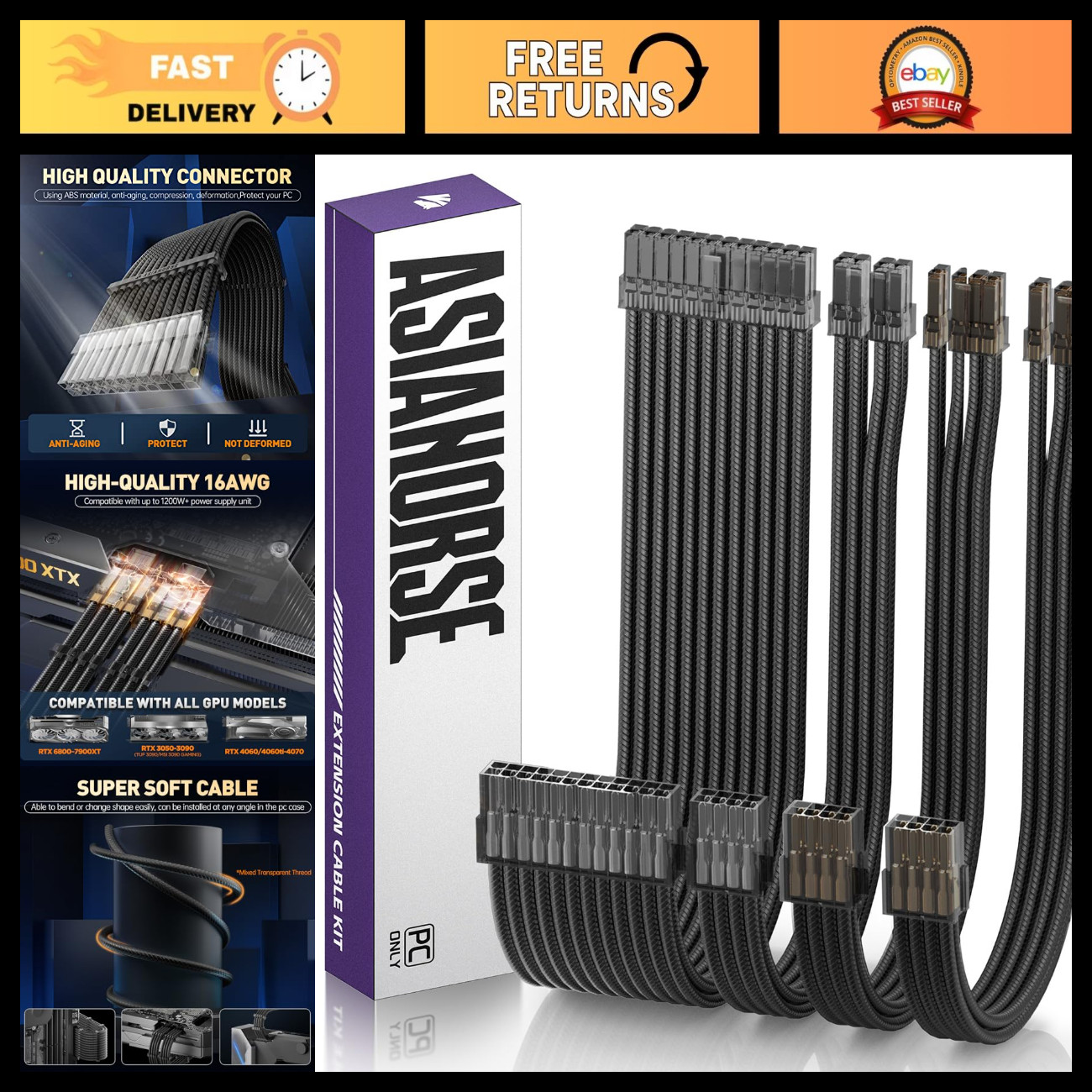 Custom Sleeved PSU Cable Extension Kit 16AWG for GPU PC Power Supply, 30CM