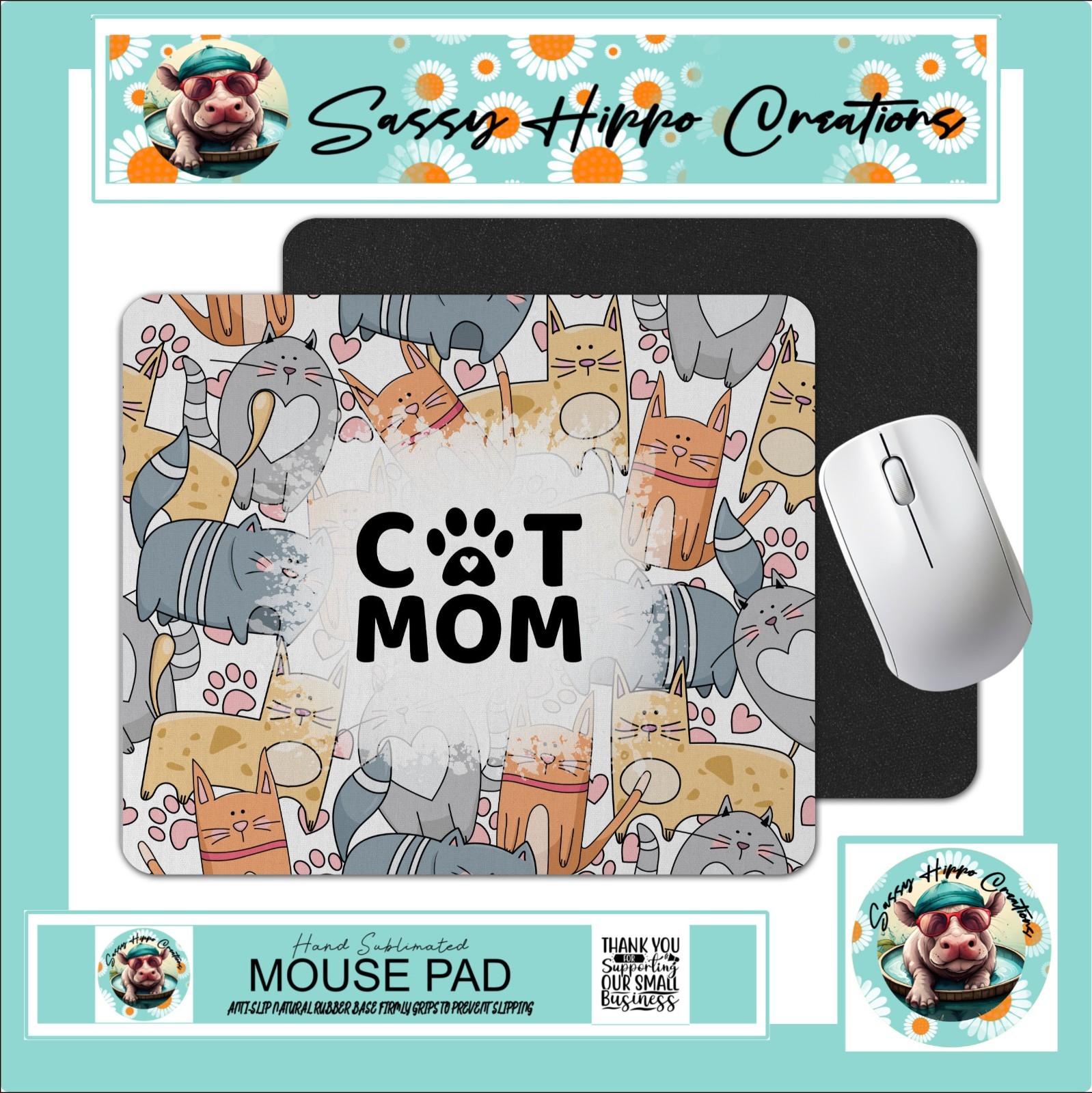 Mouse Pad Adorable Cat Mom Kitten Feline Anti Slip Back Easy Clean Sublimated