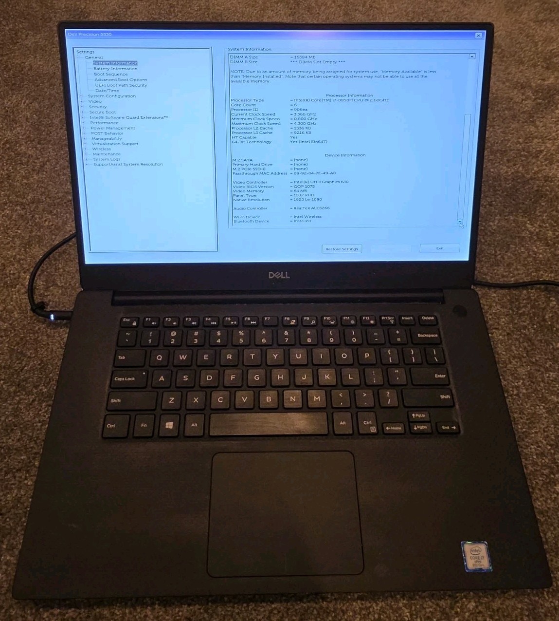Dell Precision 5530, Intel i7-8850H @2.60GHz, NO RAM, NO SSD/OS FHD  NON TOUCH