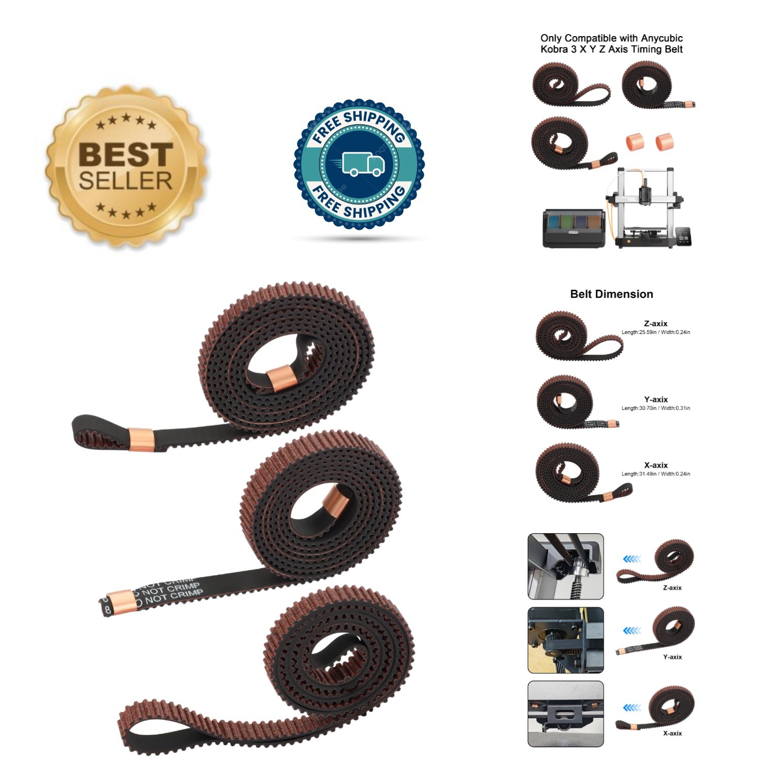 Timing Belt Replacement Kit Compatible with Anycubic Kobra 3 V1/V2 | X/Y/Z Axis