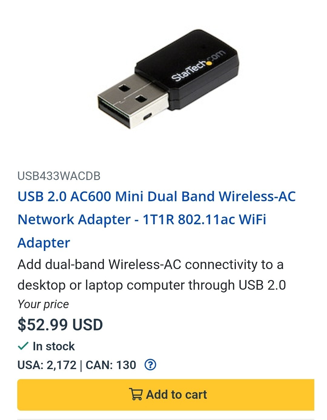 StarTech USB 2.0 AC600 Mini Dual Band Wireless-AC Network Adapter
