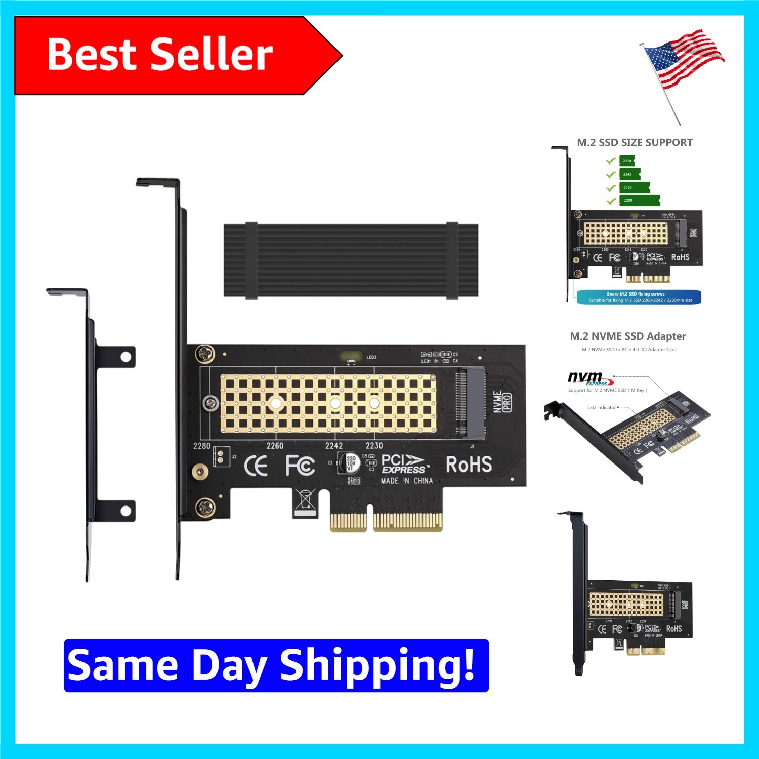 High-Performance M.2 NVMe PCIe 4.0 Adapter with Aluminum Heatsink - Easy Install