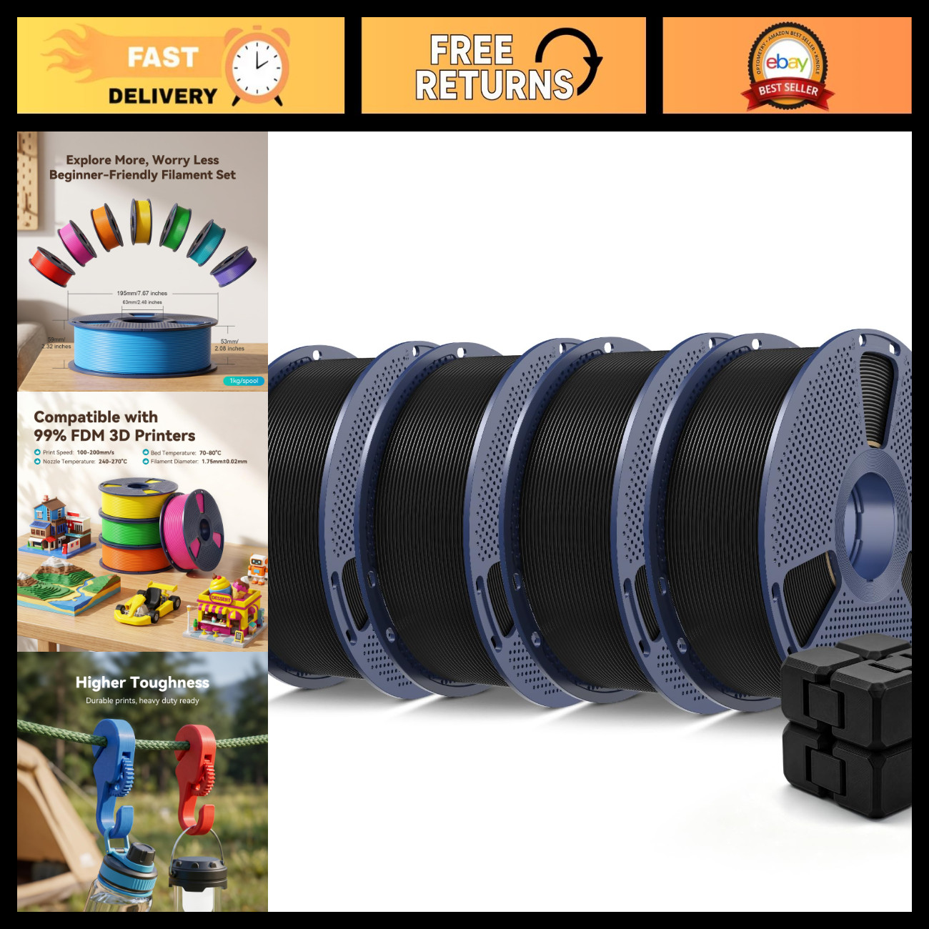PETG 3D Printer Filament Black 4-Pack (4KG) - High Strength, Easy to Print, Dura
