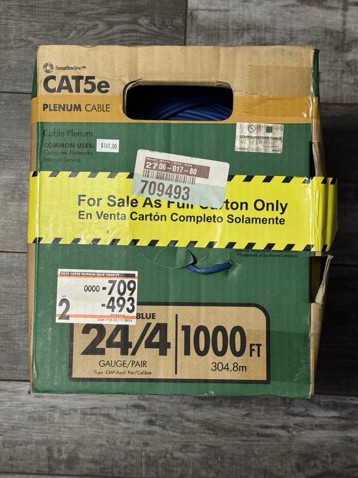 South Wire Open Box 1000 ft. Blue 24/4 CAT5e CMP (Plenum) Data Cable