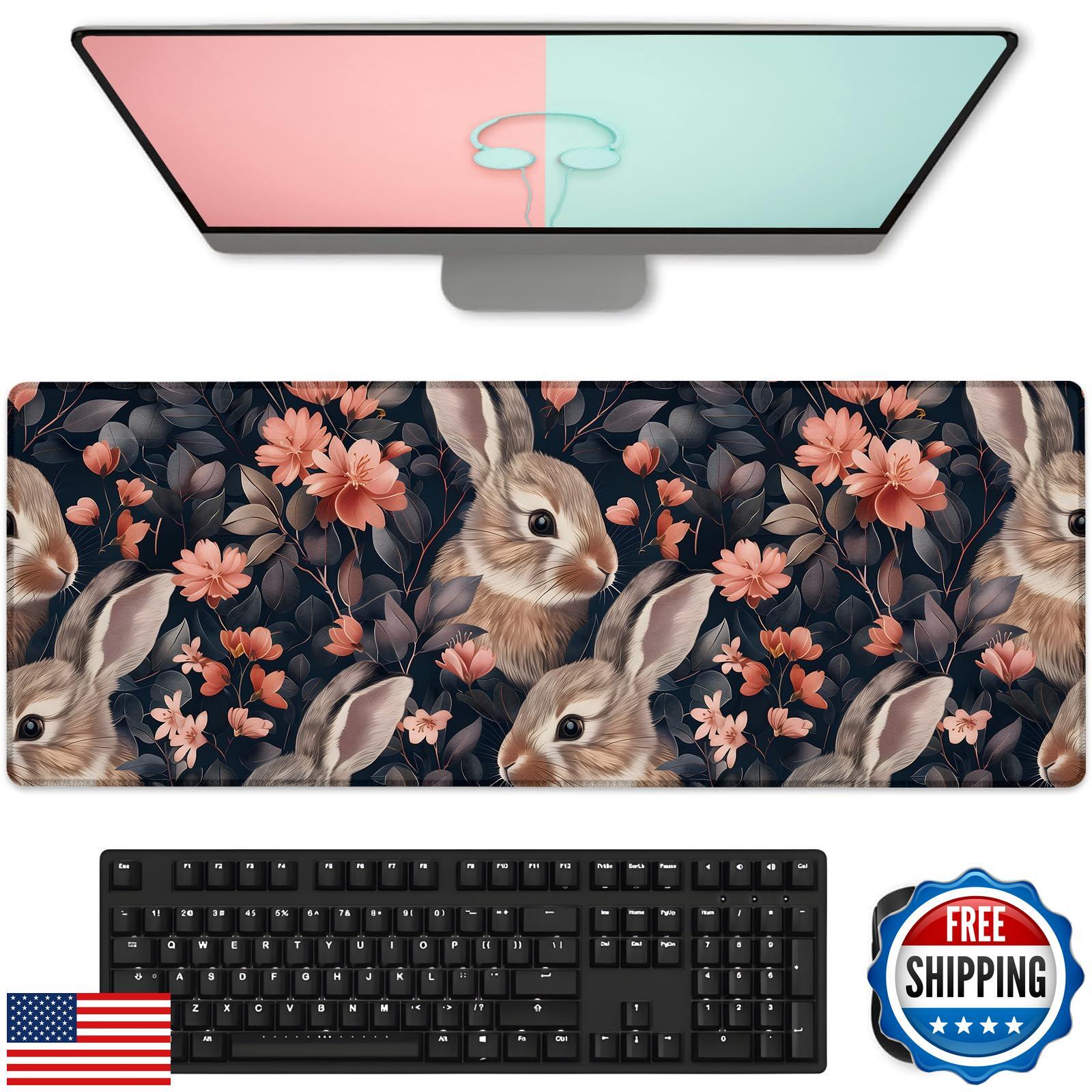 Graceful Bunny Gaming Mouse Pad, Large Cute Rabbit and Floral Desk Mat for La
