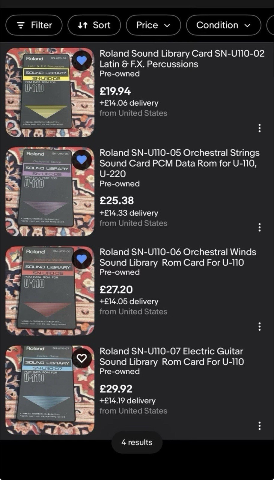 Lot Of 4 Roland Keyboard Cards