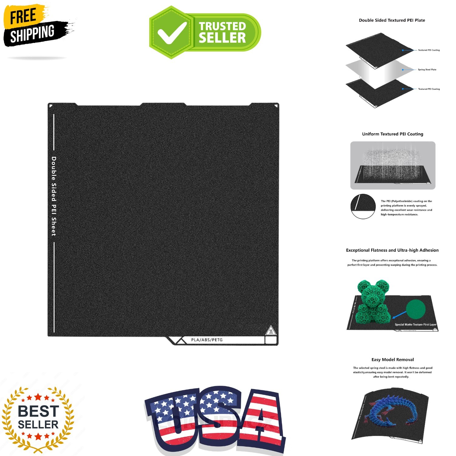 Upgraded Kobra 3 Double Sided PEI Build Plate, 3D Printer Black Textured PEI ...