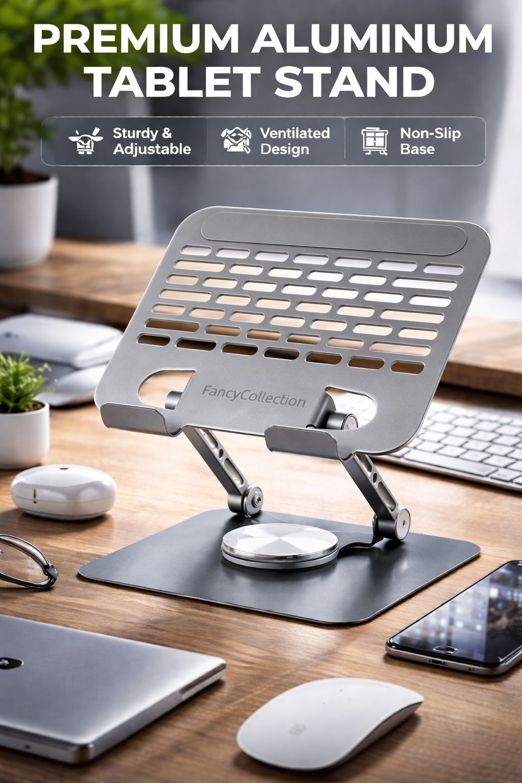 Adjustable Tablet Stand with 360°Rotating Base, Aluminum Dual-Rod Support,Silver